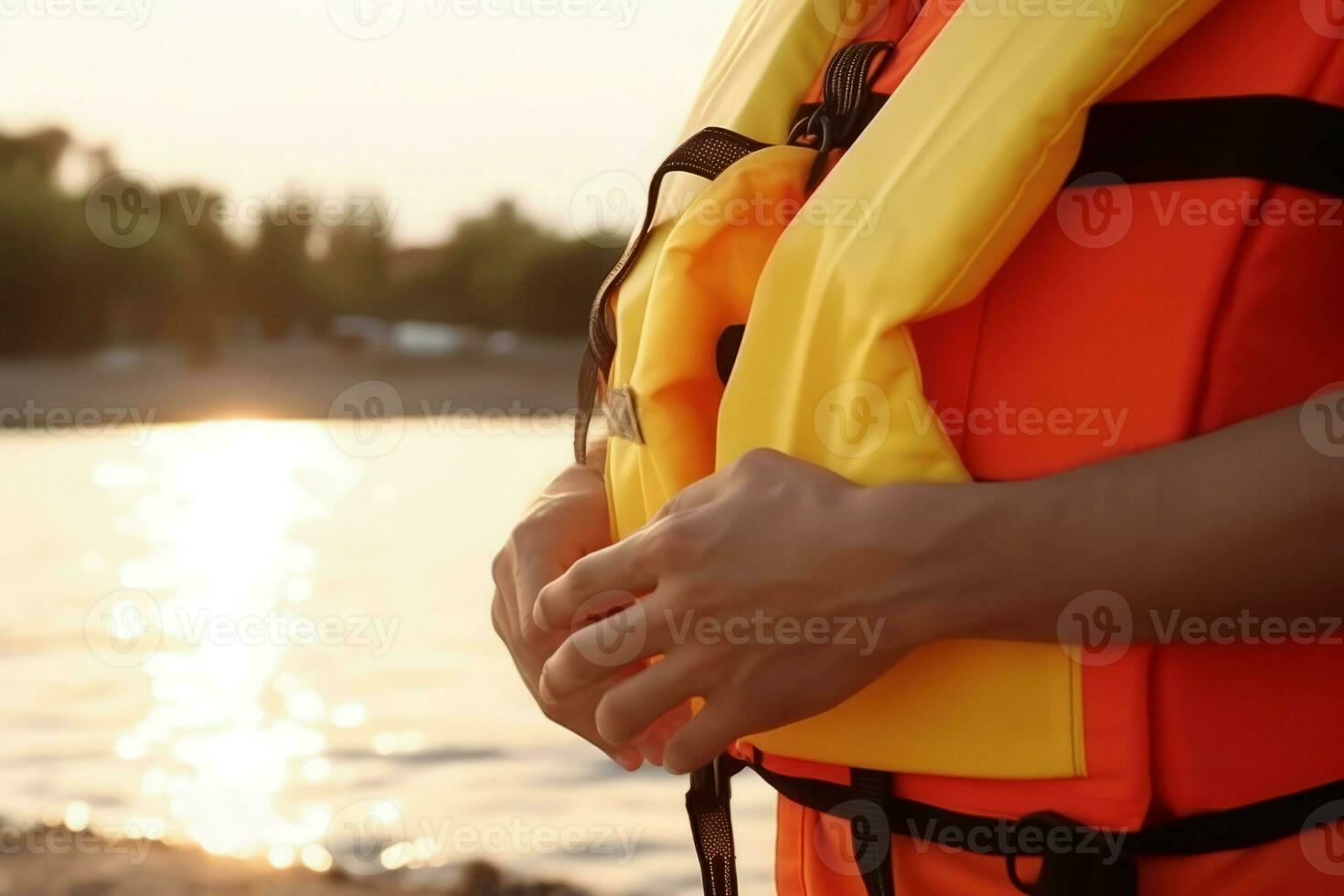 Lifeguard putting on life vest near sea at sunset view. Generate AI photo