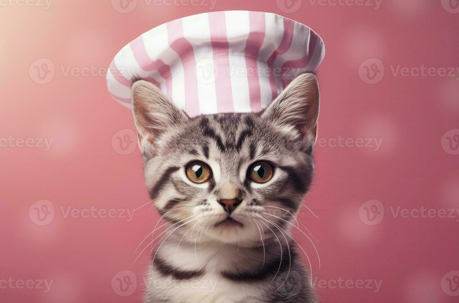 Gray kitten chefs hat hunger. Generate Ai photo