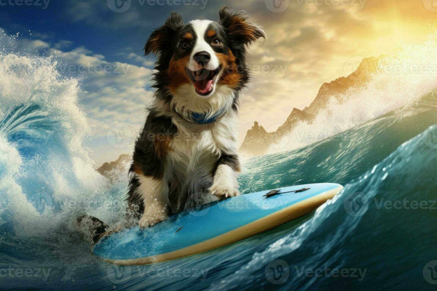 Brave Dog funny riding surfboard. Generate Ai photo