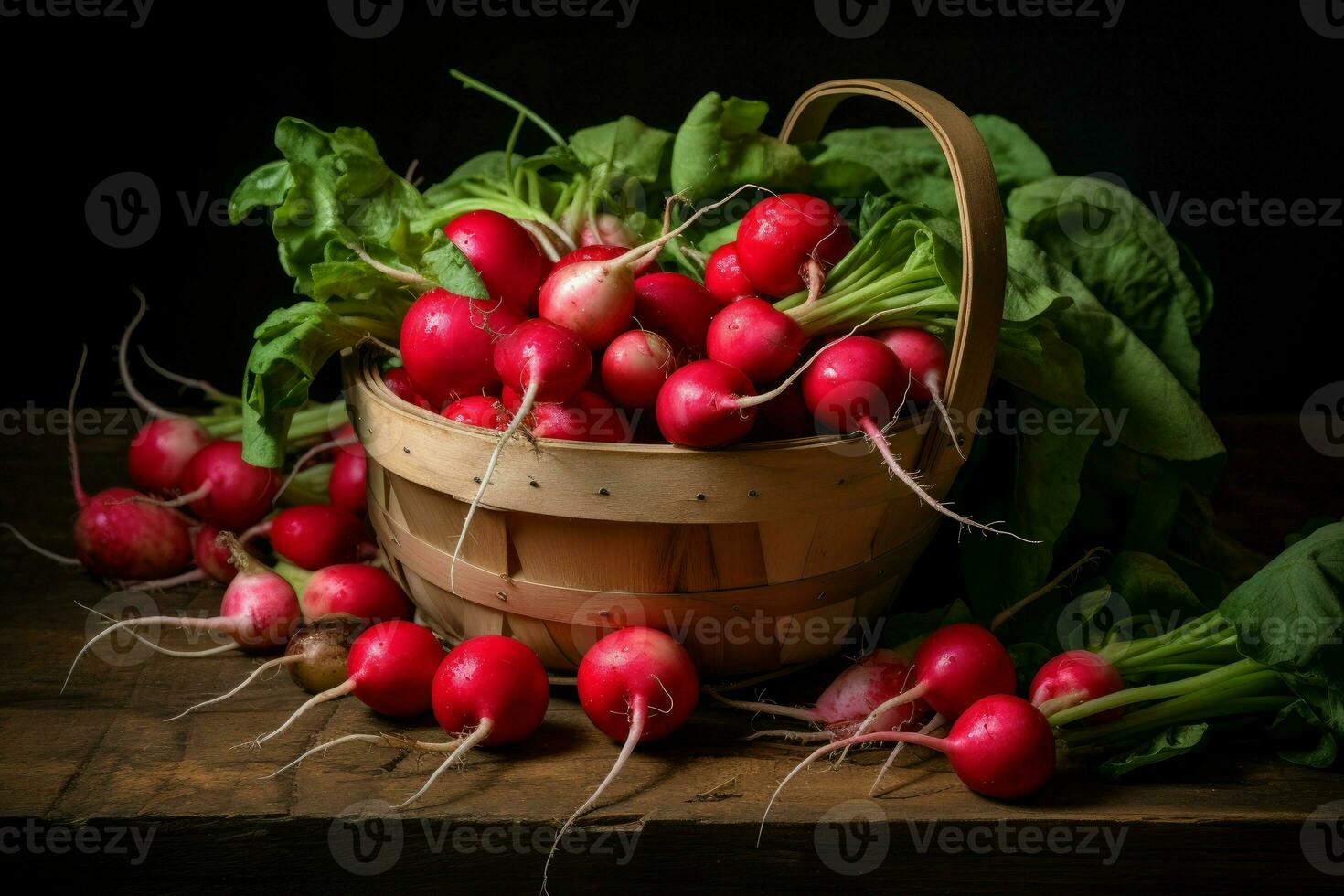 Brightly-colored Freshly red radishes. Generate Ai photo