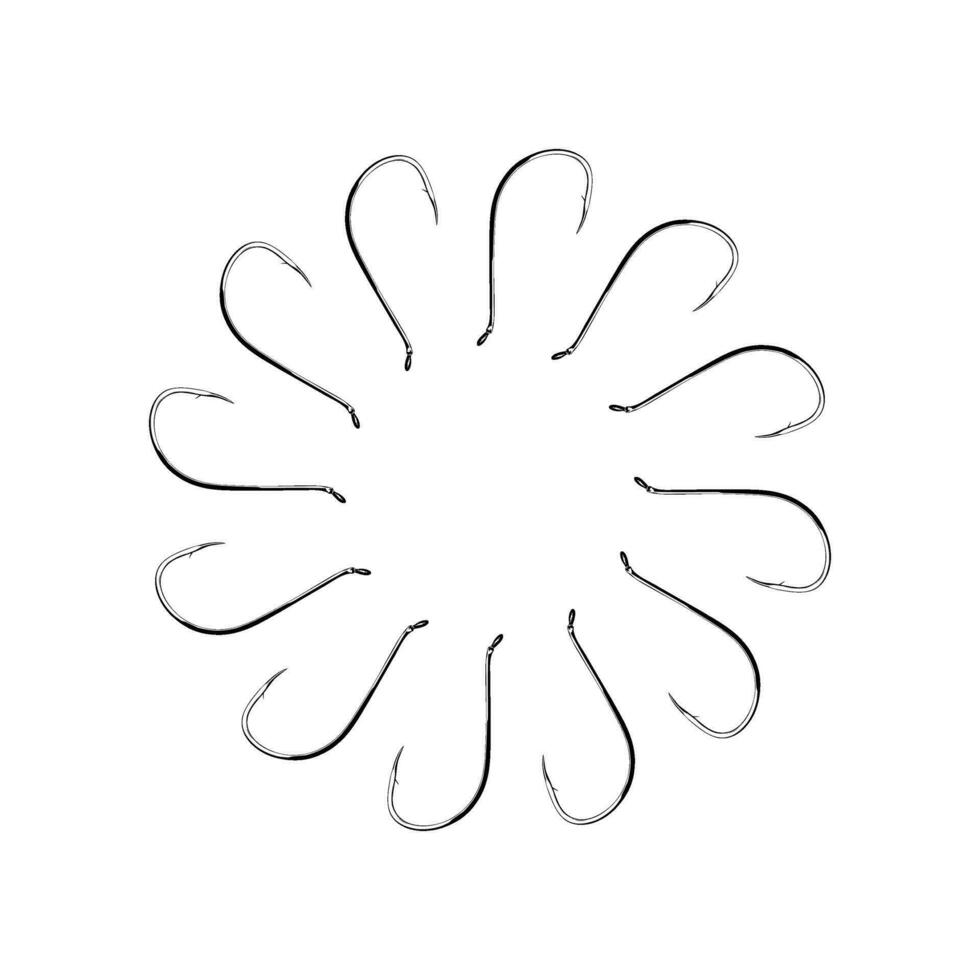 Artistic Circle Shape Created from Fishing Hook Silhouette Composition, can use for Logo Gram, Decoration, Ornate, Art Illustration or Graphic Design Element. Vector Illustration