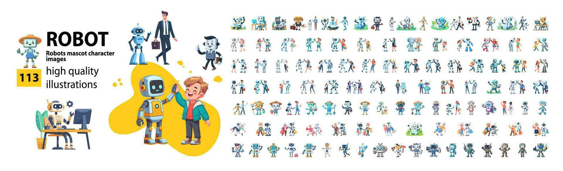 Happy modern robot mascot characters. Flat vector illustration.