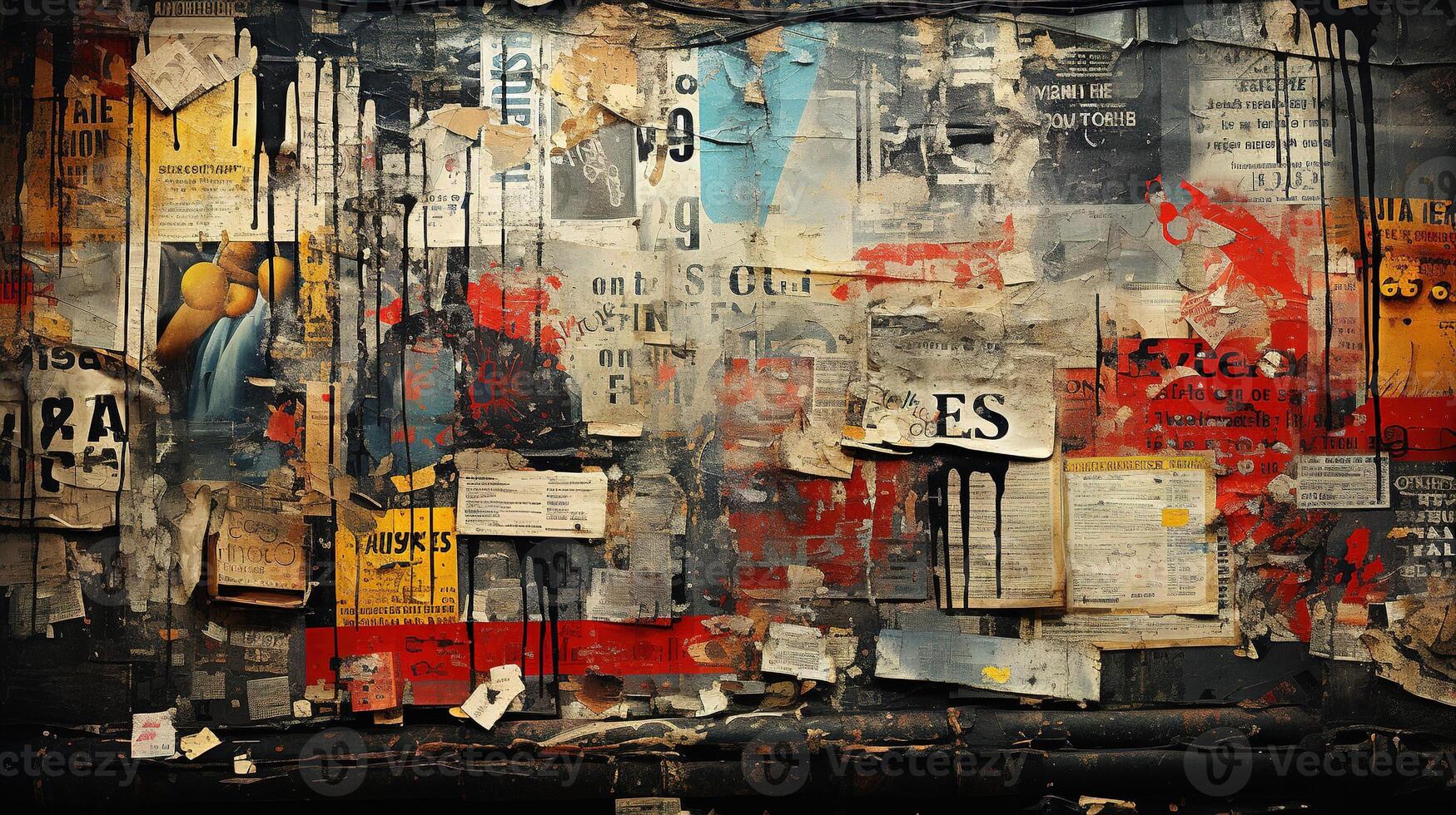 Generative AI, random collage of paper pieces and words, painted wall, street graffiti grunge style photo