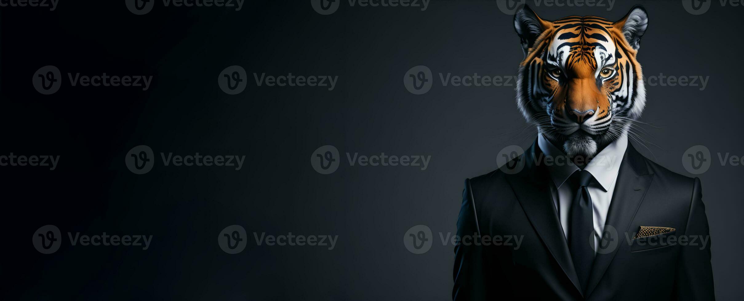 Portrait of Humanoid Anthropomorphic Tiger Wearing Businessman Suit in Black Background for Copy Space Banner AI Generative photo