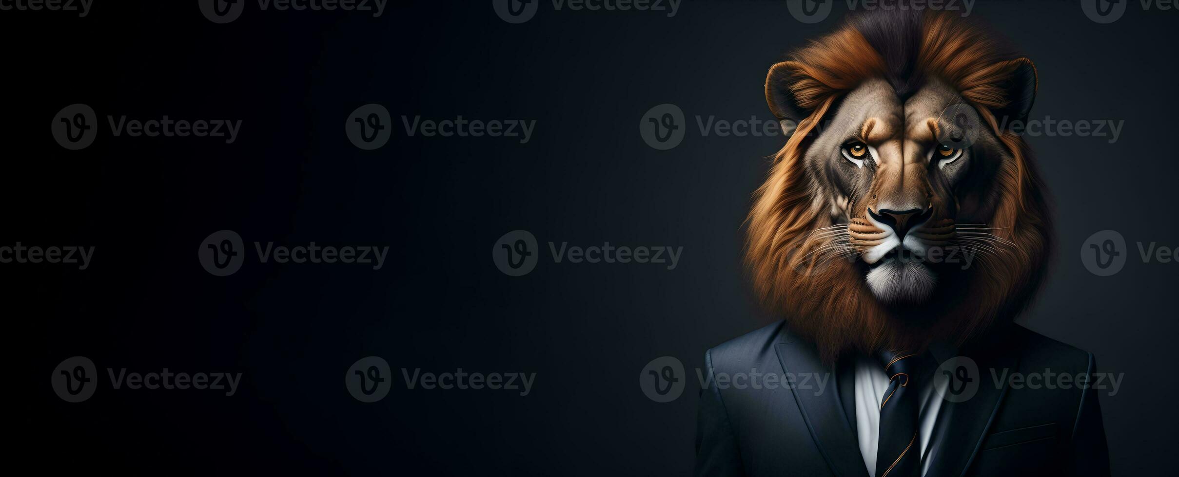 Portrait of Humanoid Anthropomorphic Lion Wearing Businessman Boss Suit in Black Background for Copy Space Banner AI Generative photo