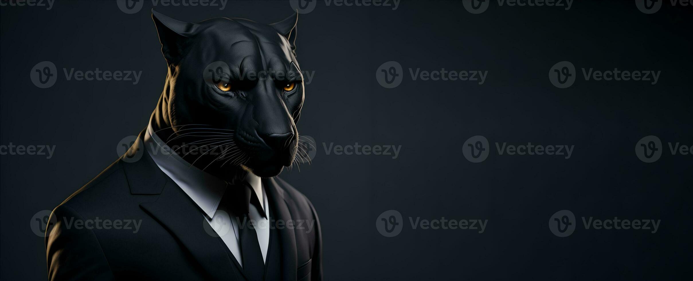 Portrait of Humanoid Anthropomorphic Black Panther Wearing Businessman Suit in Black Background for Copy Space Banner AI Generative photo