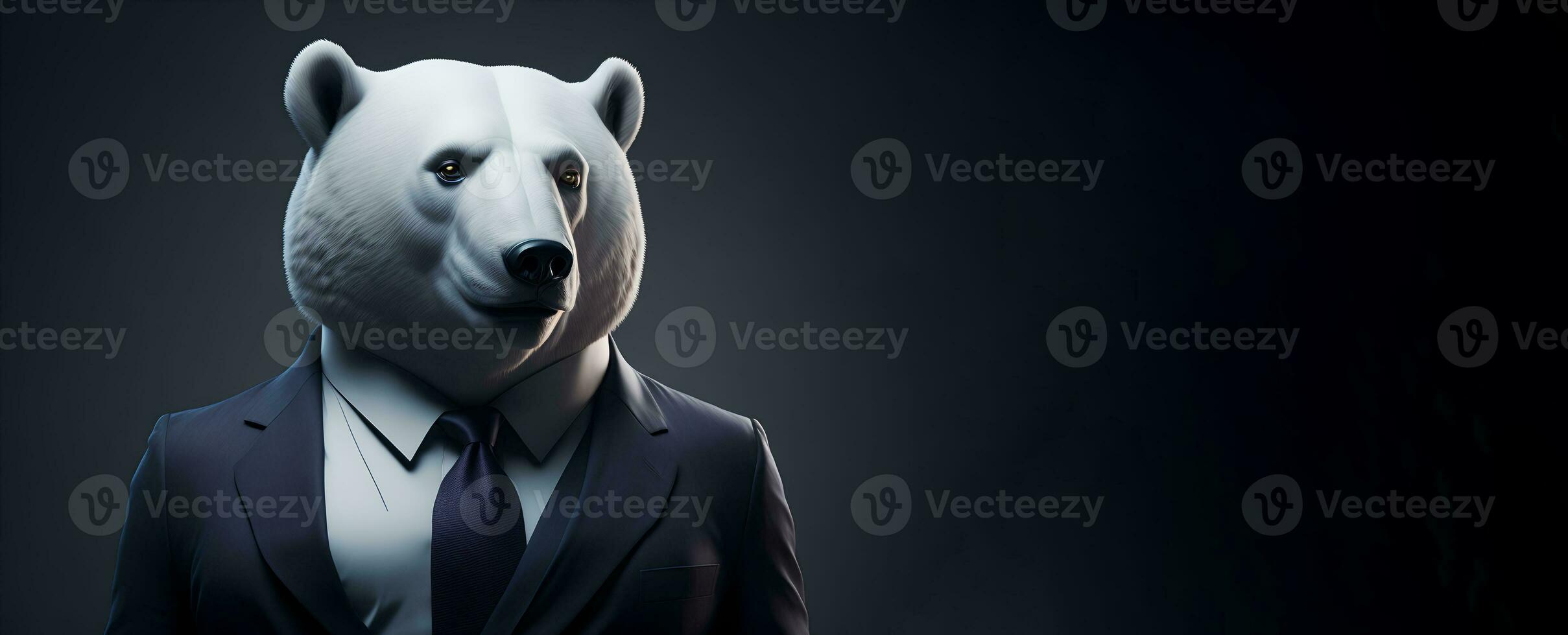 Portrait of Humanoid Anthropomorphic White Polar Bear Wearing Businessman Suit in Black Background for Copy Space Banner AI Generative photo