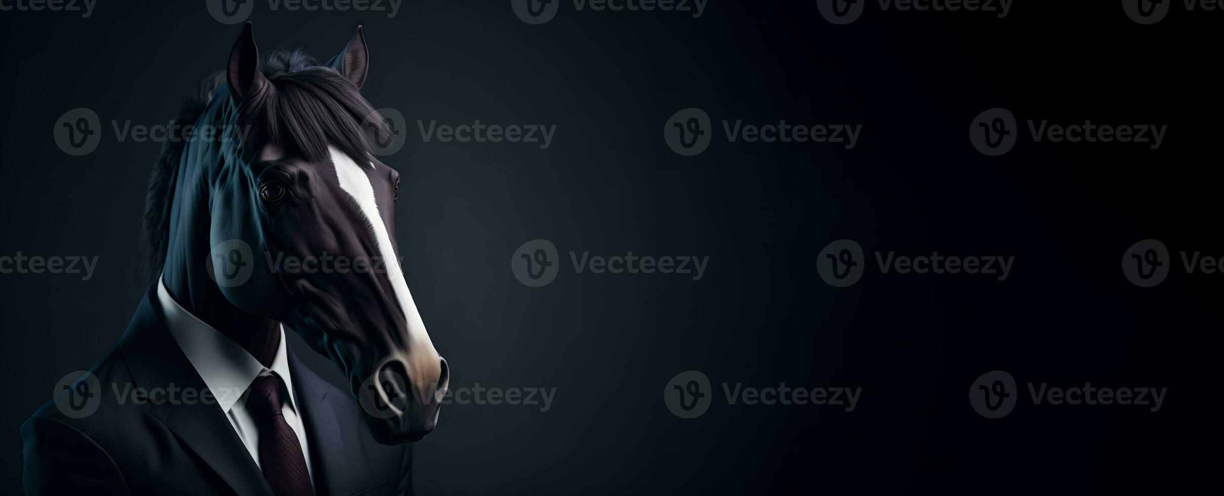 Portrait of Humanoid Anthropomorphic Horse Wearing Businessman Suit in Black Background for Copy Space Banner AI Generative photo