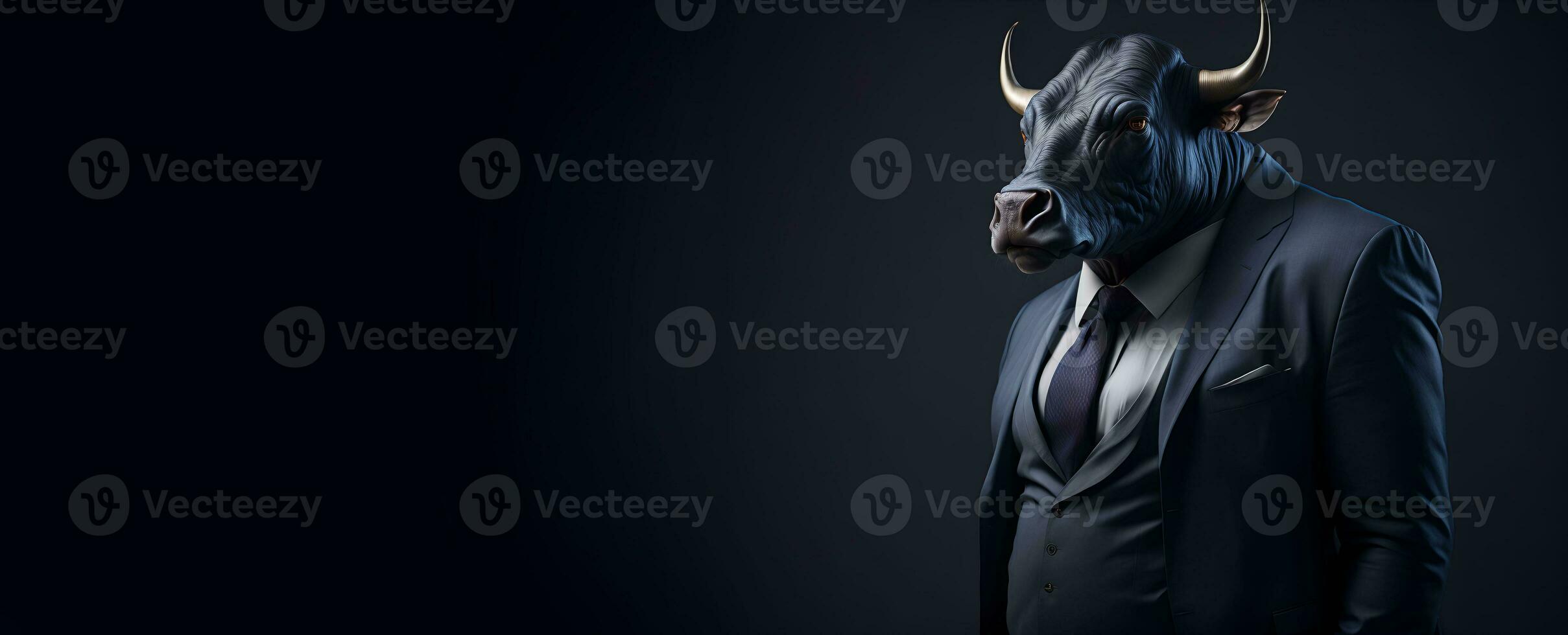 Portrait of Humanoid Anthropomorphic Black Bull Wearing Businessman Suit in Black Background for Copy Space Banner AI Generative photo