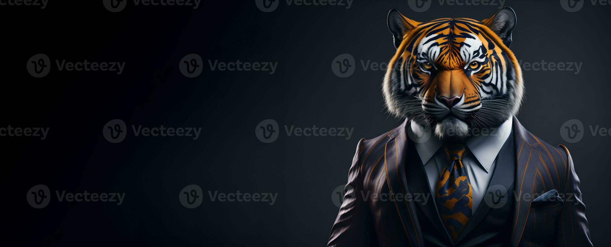 Portrait of Humanoid Anthropomorphic Tiger Wearing Businessman Suit in Black Background for Copy Space Banner AI Generative photo