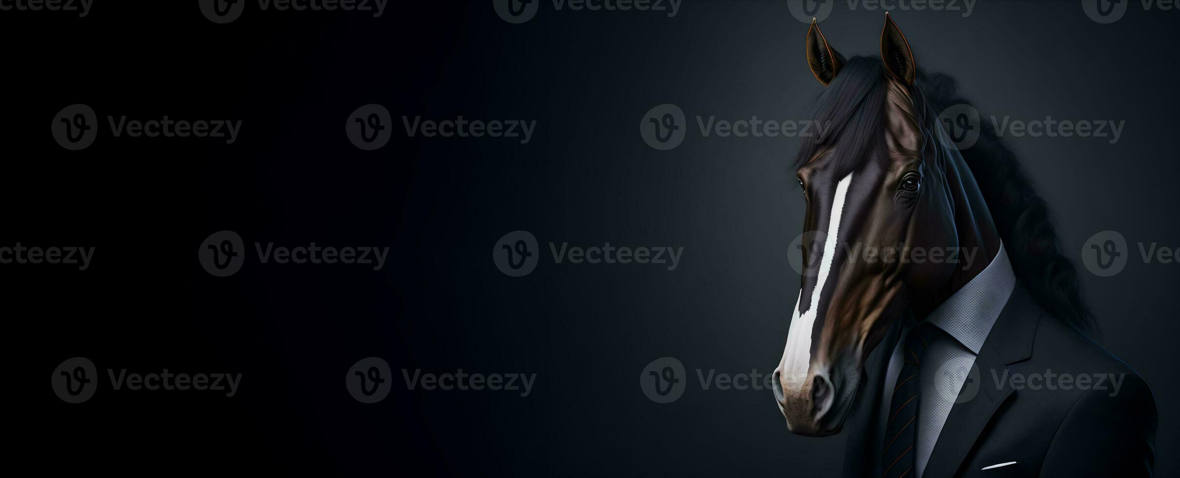 Portrait of Humanoid Anthropomorphic Horse Wearing Businessman Suit in Black Background for Copy Space Banner AI Generative photo