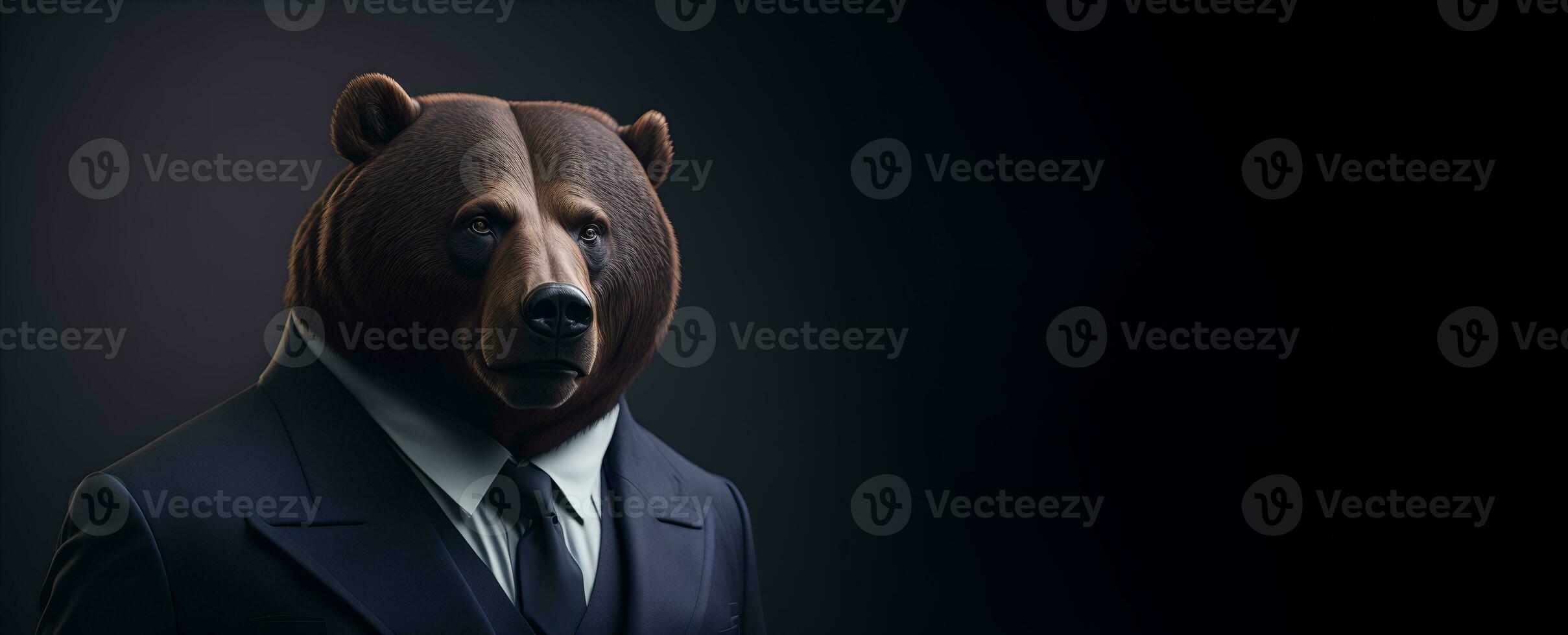 retrato de humanoide antropomórfico oso vistiendo empresario traje en negro antecedentes para Copiar espacio bandera ai generativo foto