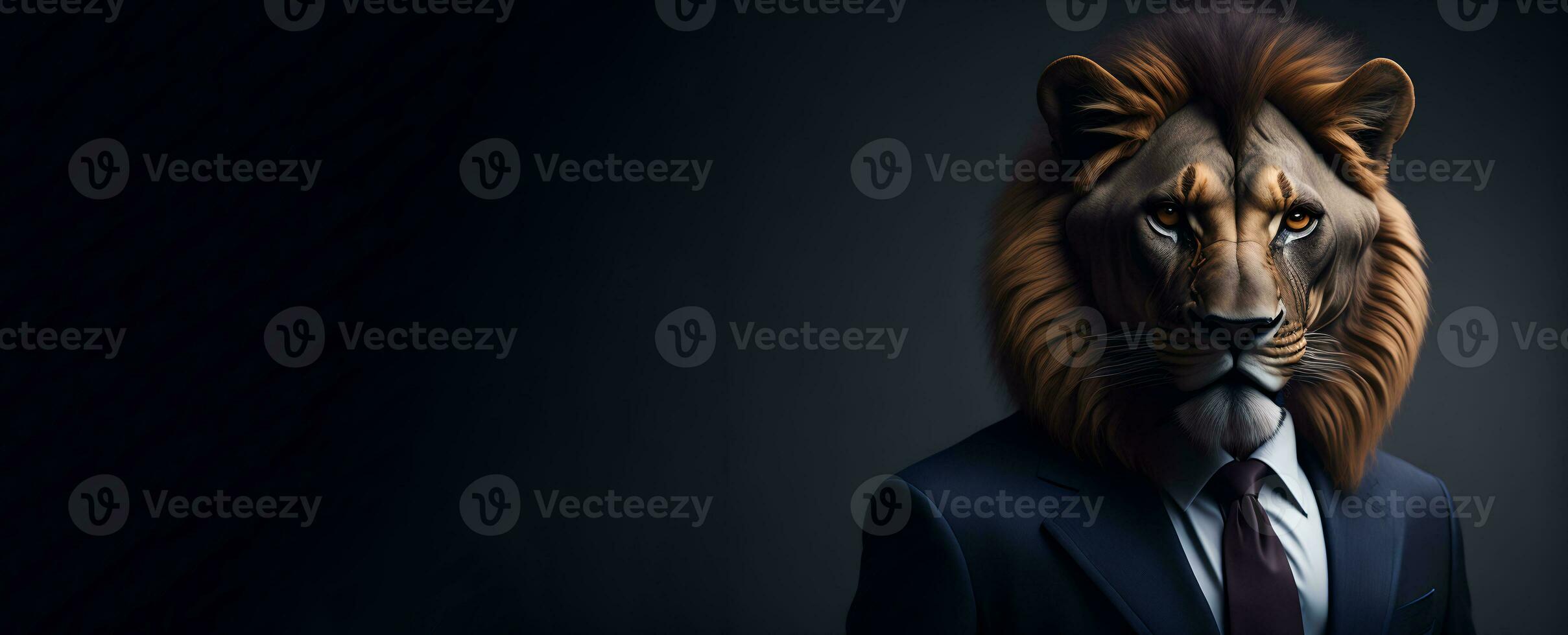 Portrait of Humanoid Anthropomorphic Lion Wearing Businessman Boss Suit in Black Background for Copy Space Banner AI Generative photo