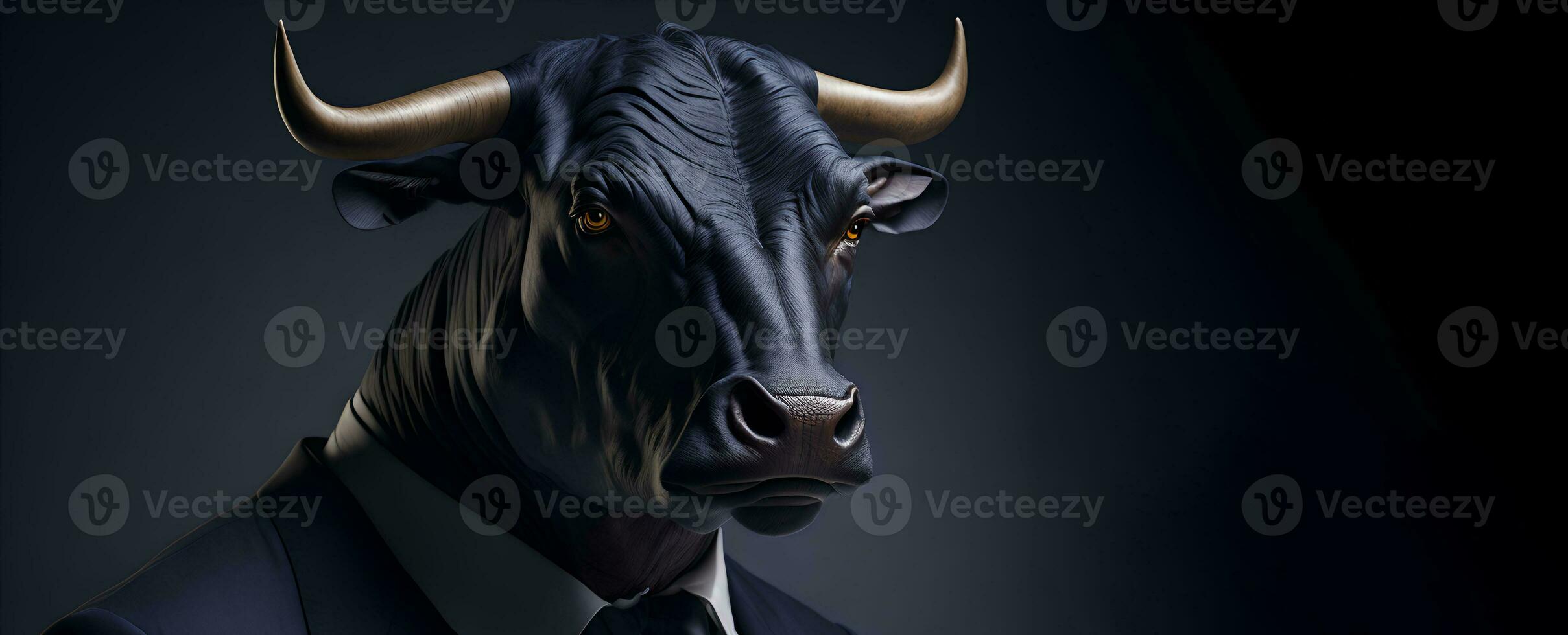 Portrait of Humanoid Anthropomorphic Black Bull Wearing Businessman Suit in Black Background for Copy Space Banner AI Generative photo