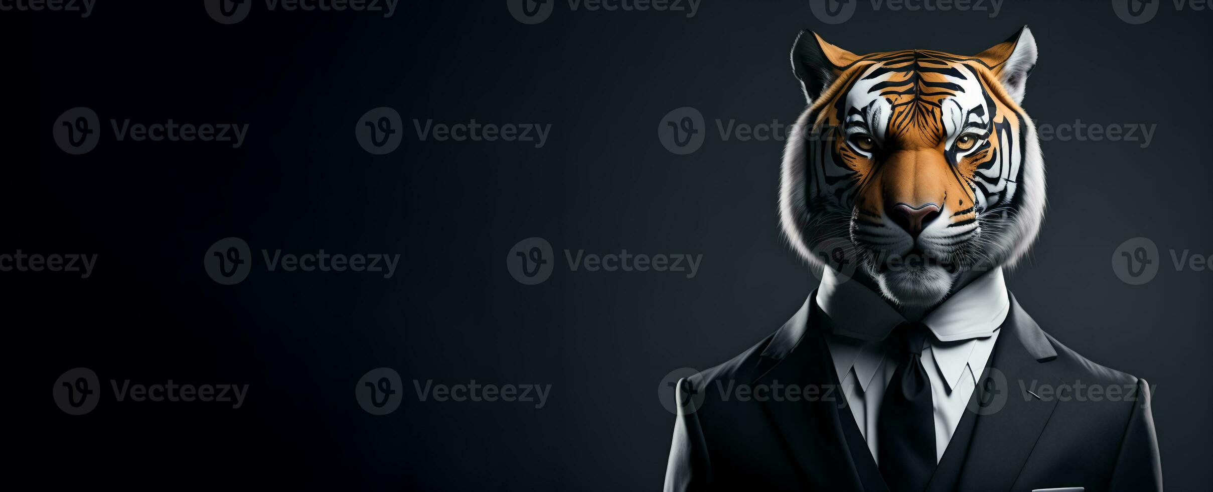 Portrait of Humanoid Anthropomorphic Tiger Wearing Businessman Suit in Black Background for Copy Space Banner AI Generative photo