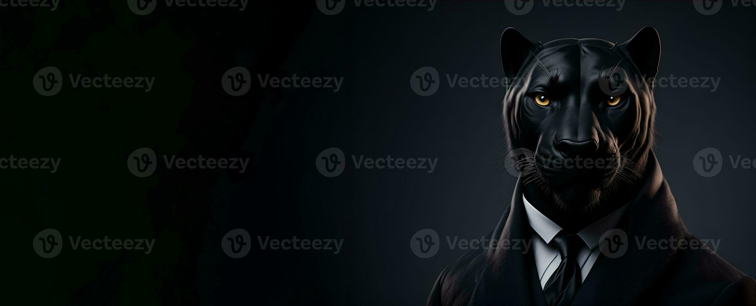 Portrait of Humanoid Anthropomorphic Black Panther Wearing Businessman Suit in Black Background for Copy Space Banner AI Generative photo