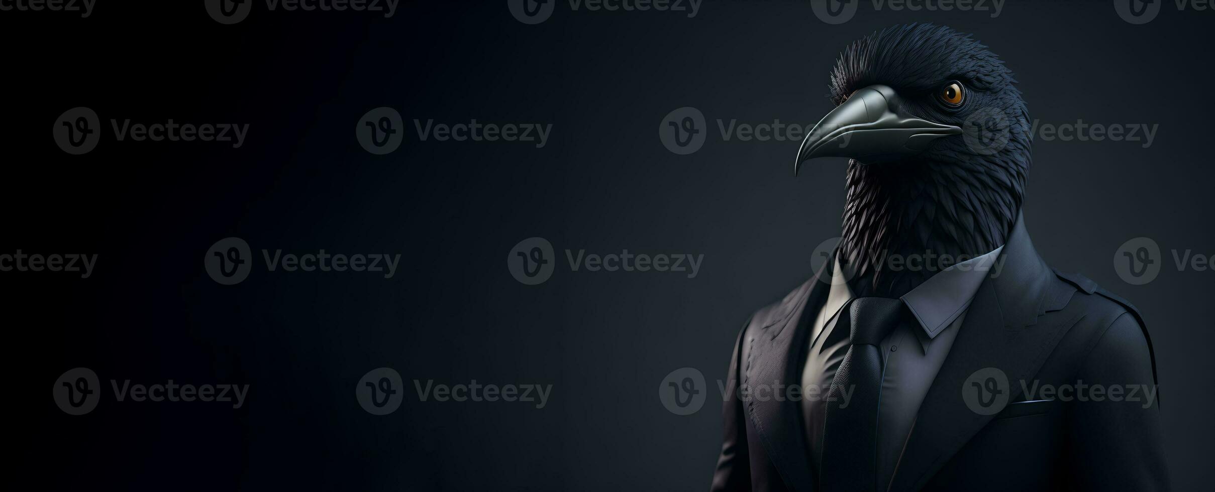 Portrait of Humanoid Anthropomorphic Black Crow Wearing Businessman Suit in Black Background for Copy Space Banner AI Generative photo