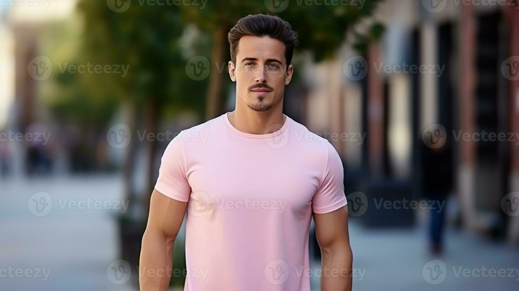 Man Wearing White Tee Shirt Mockup Placement. Shirt Mockup Template. Male Wearing Casual Tee Shirt photo