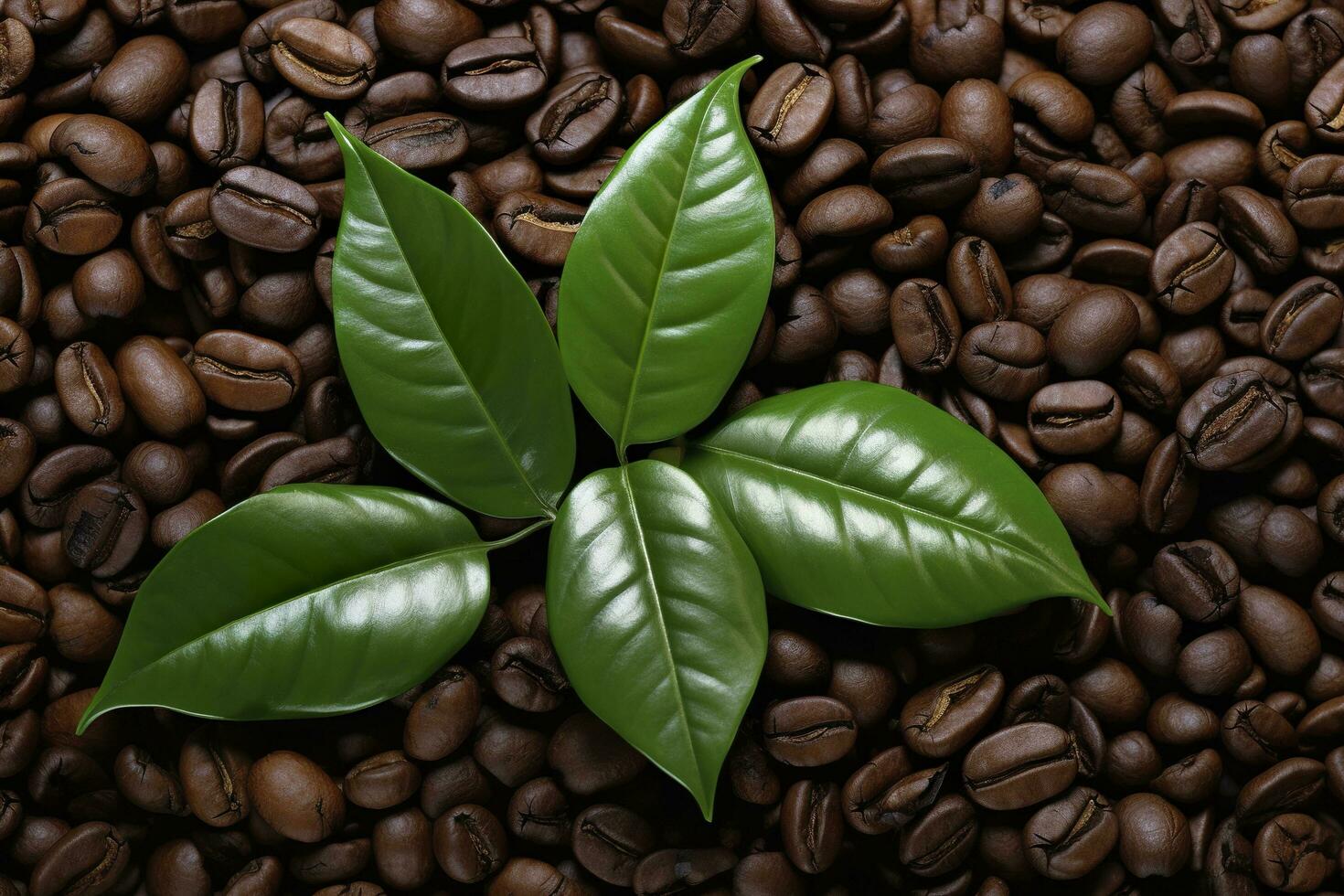 Green leaves with coffee beans as background. AI Generated photo