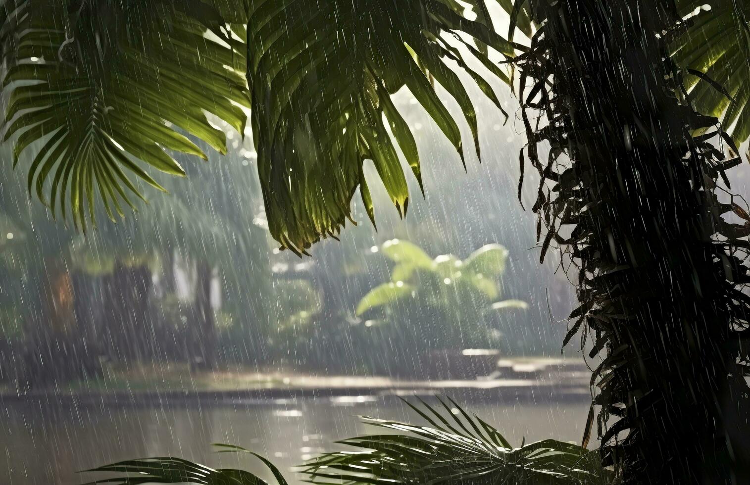 Rain in the tropics during the low season or monsoon season. Raindrops in a garden. Generative AI photo