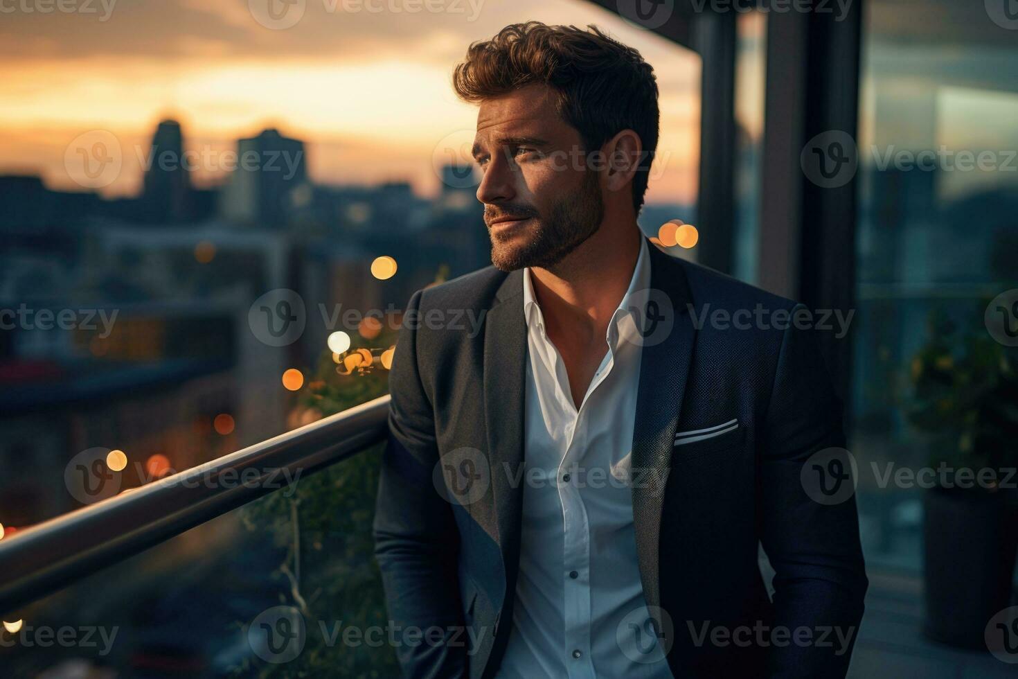 man stands on the balcony of his apartment and enjoys the view of the city AI Created photo