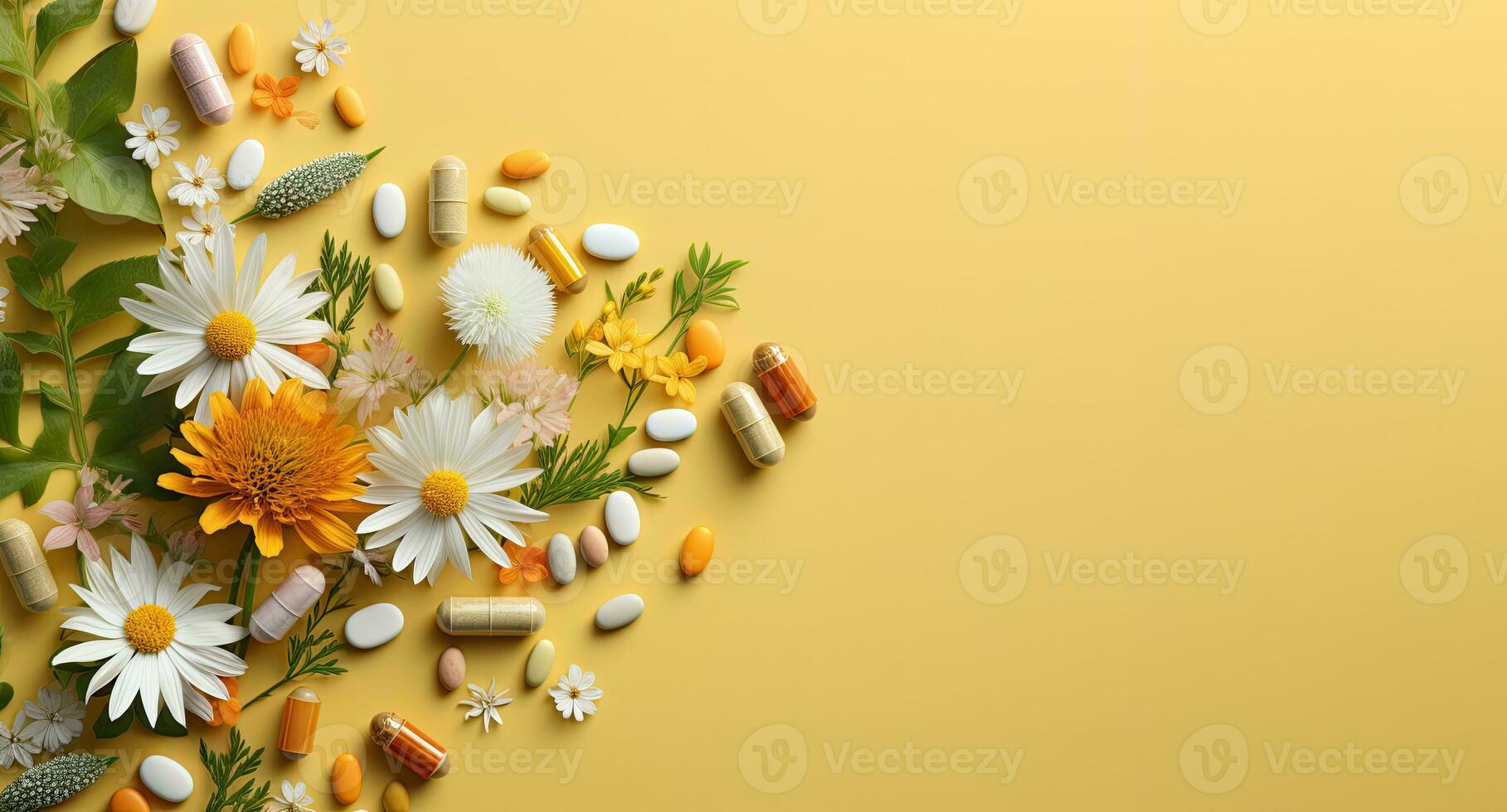 Herbal pills on yellow background banner ai created photo