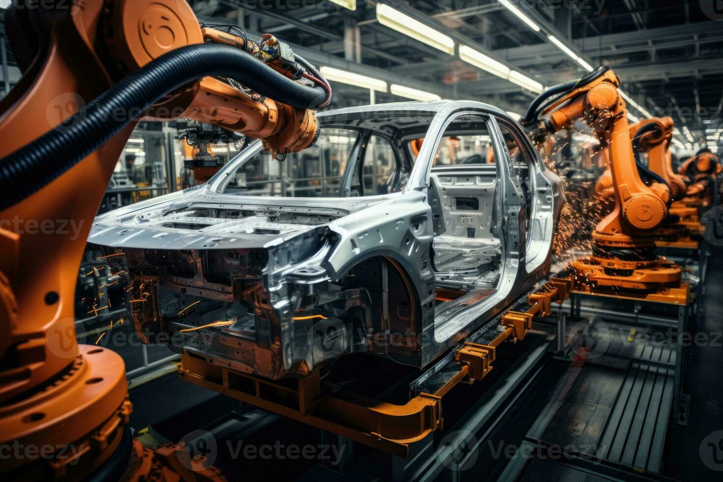A large robotic arm in a car manufacturing setting, busily assembling parts of a car ai created photo