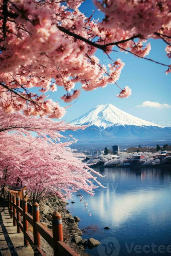 photo of Sakura closeup and Fuji view ai created