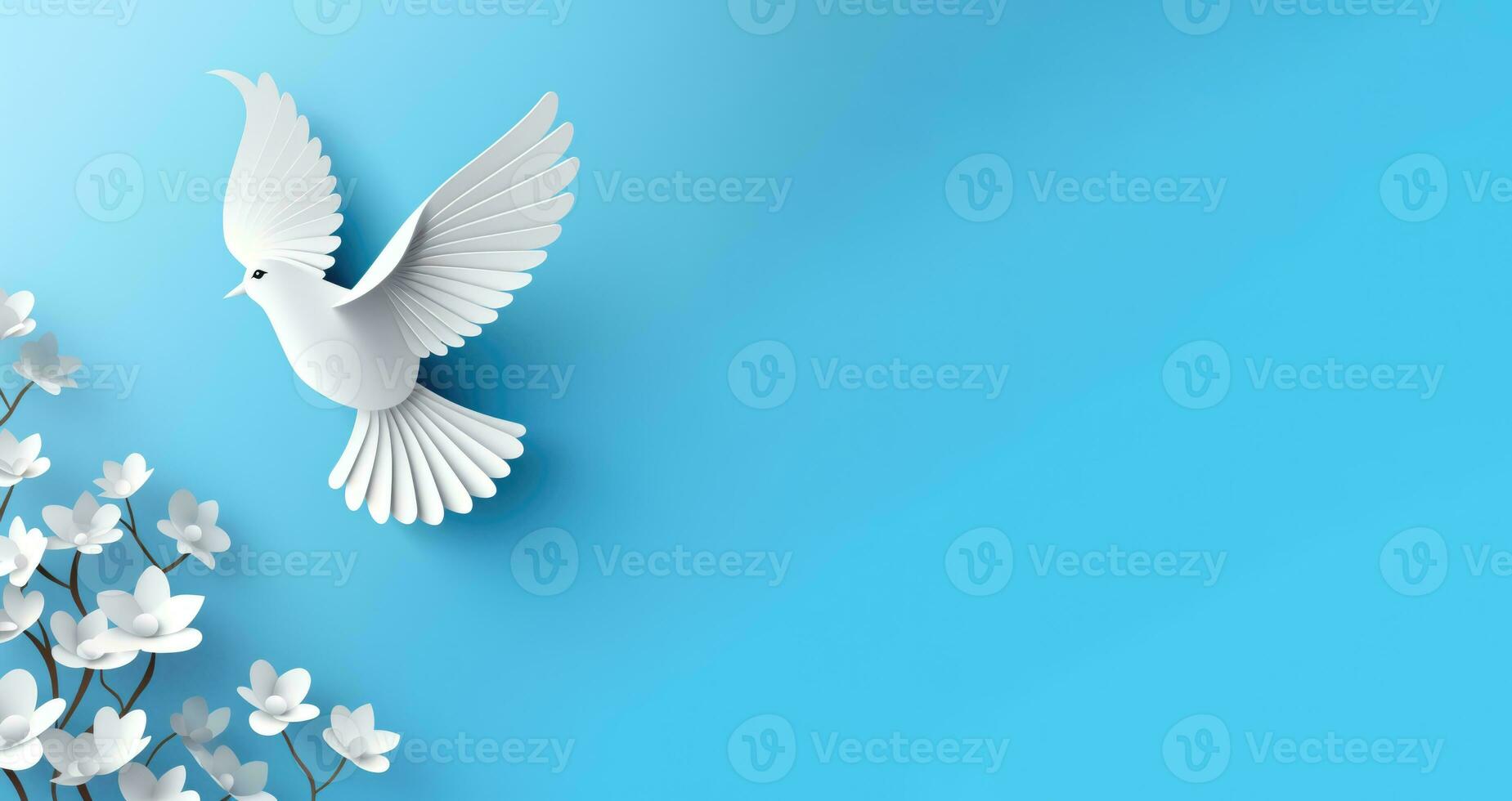 White paper origami bird on blue background, banner ai created photo