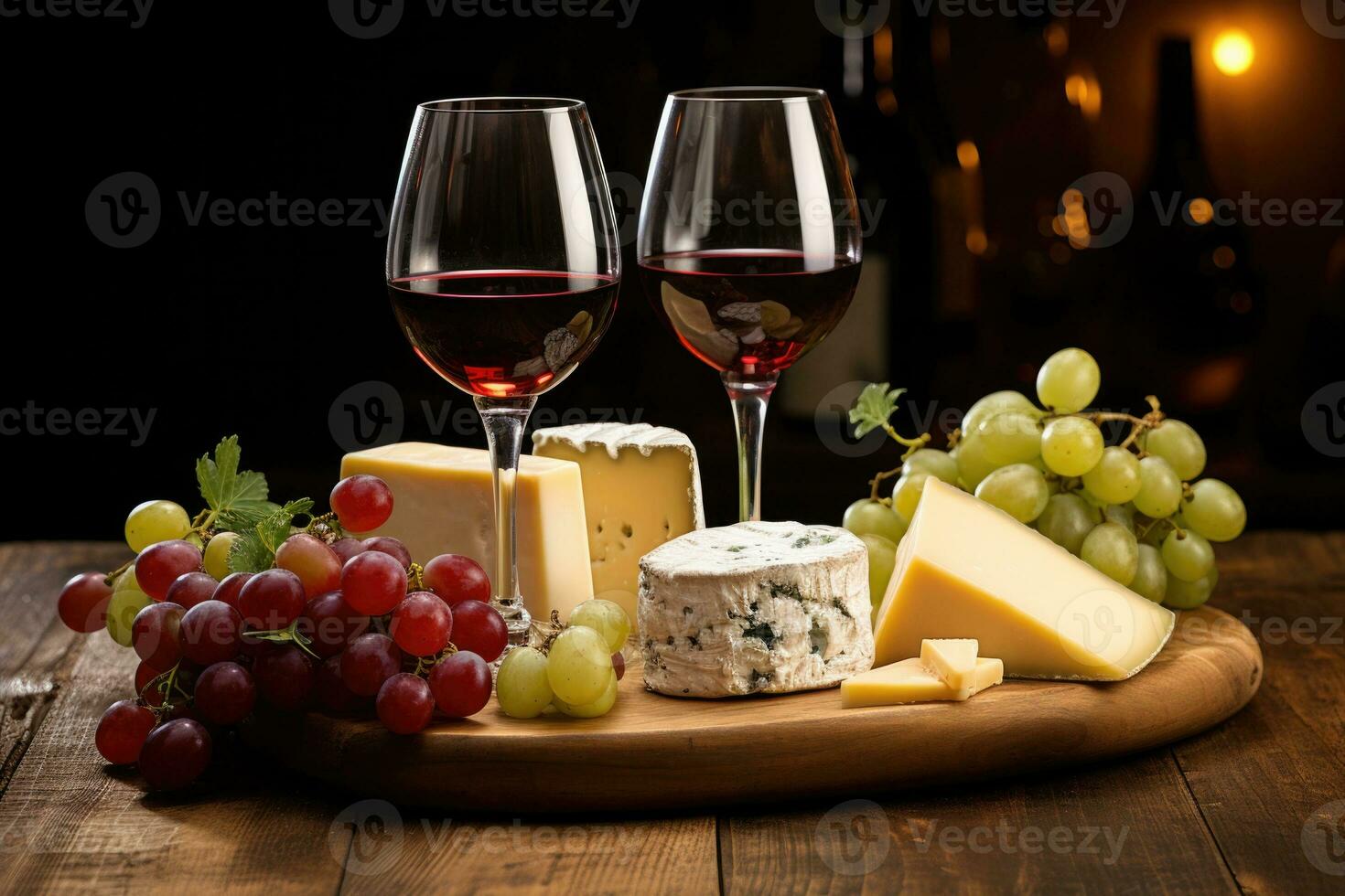 red and white wine, cheese, and grapes on a rustic wooden table AI generated photo