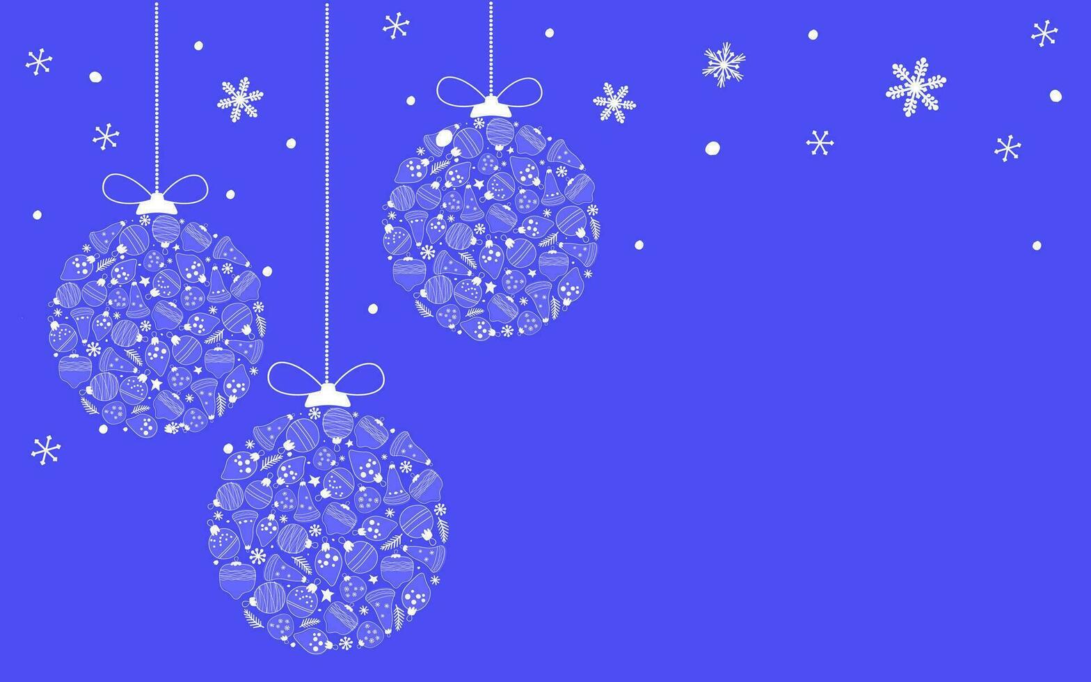 WNew Year's vertical banner, postcard with copy space. Decorative abstract Christmas tree balls on a background of snowflakes. Monochrome vector graphics.