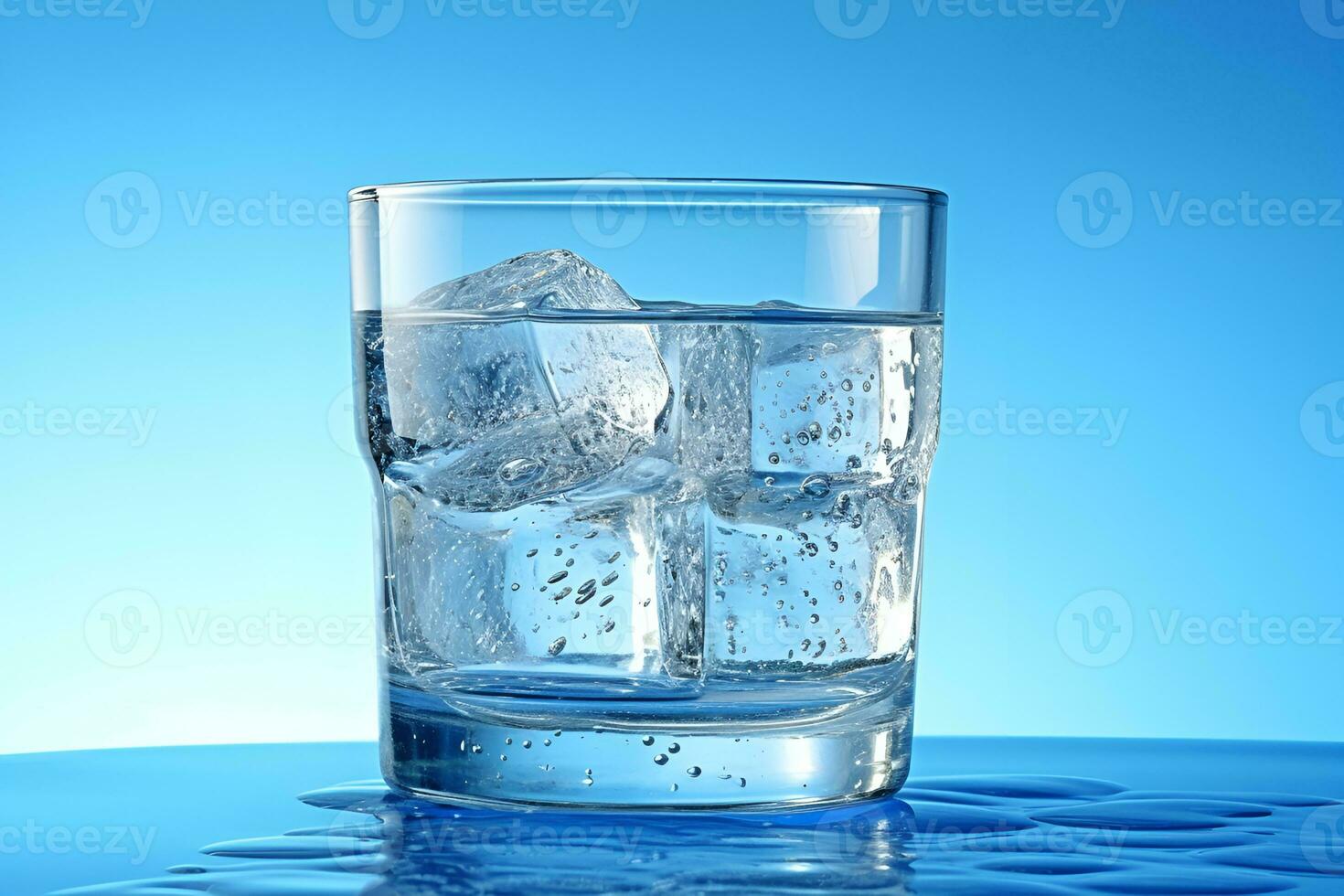 Glass with water and ice cubes on a blue background. A refreshing and chilling drink. Generative AI photo