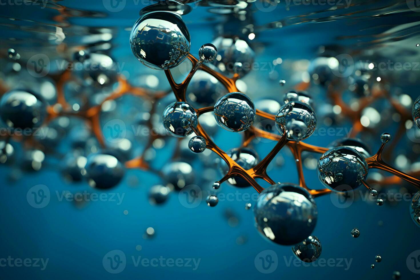 Abstract molecular structure on blue background. Science, cosmetic, medical models. Generative ai photo