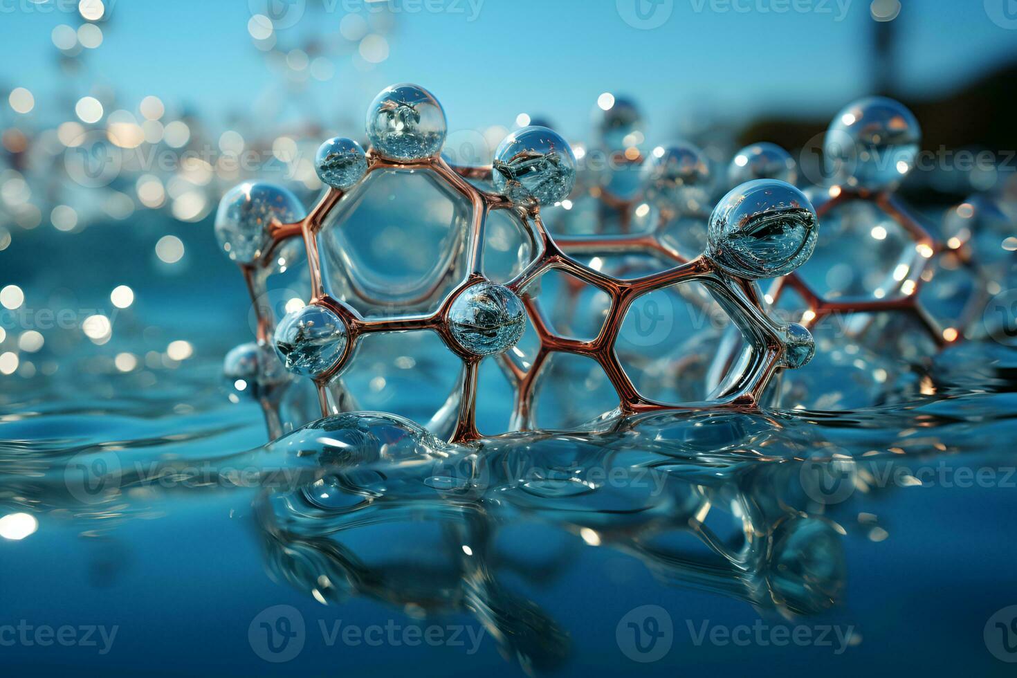 Abstract molecular structure on blue background. Science, cosmetic, medical models. Generative ai photo