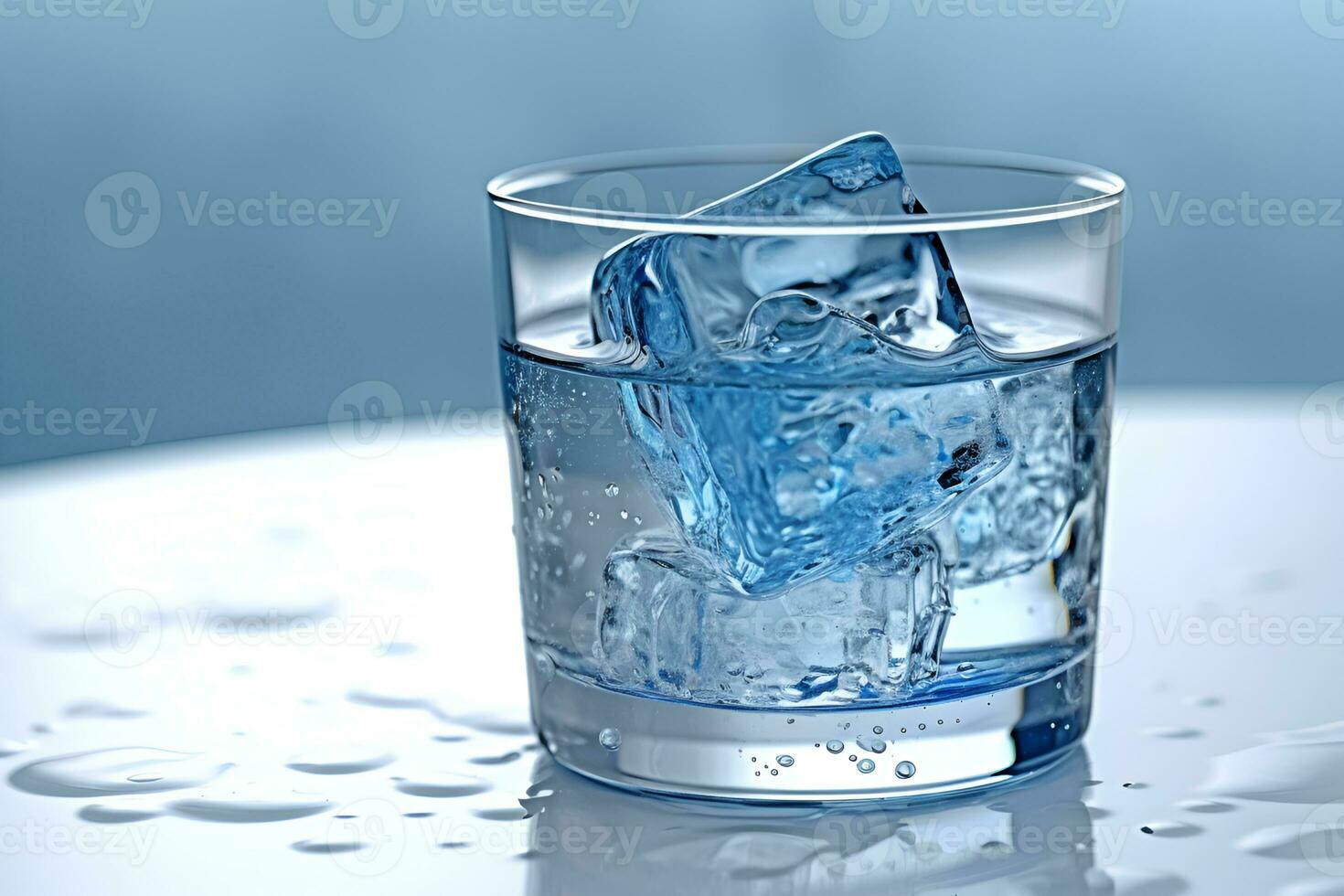 Glass with water and ice cubes on a blue background. A refreshing and chilling drink. Generative AI photo