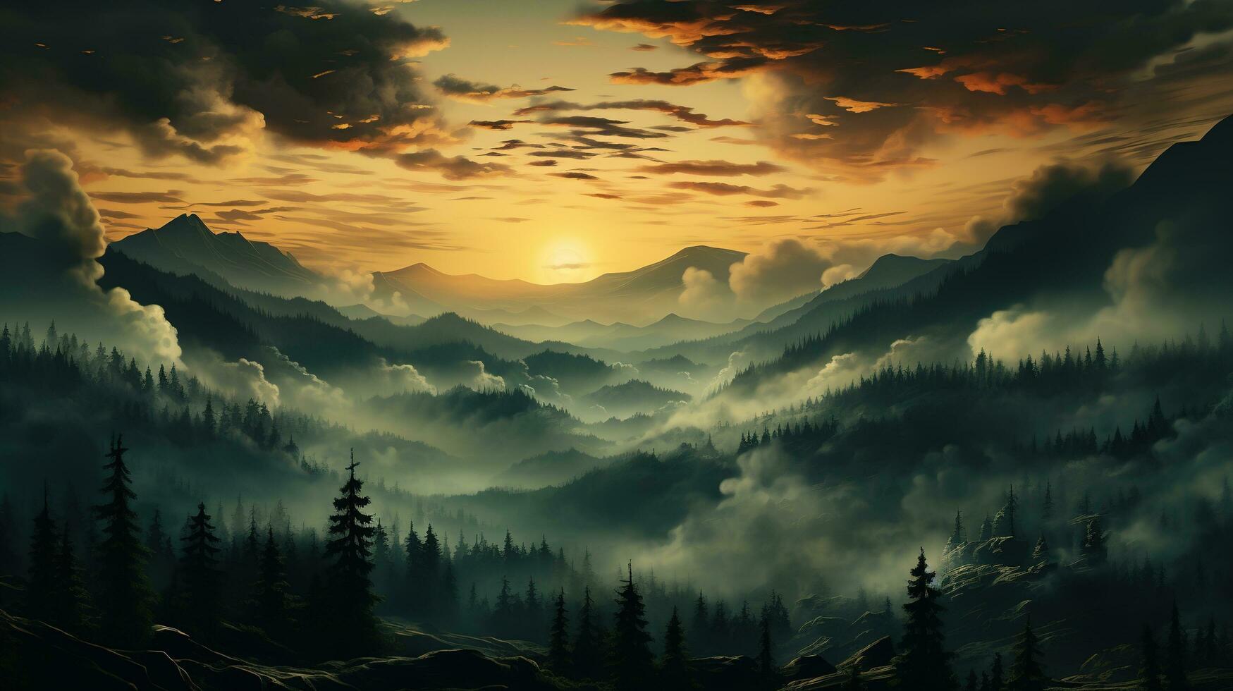 Generative AI, Misty fir forest beautiful landscape in hipster vintage retro style, foggy mountains and trees. photo