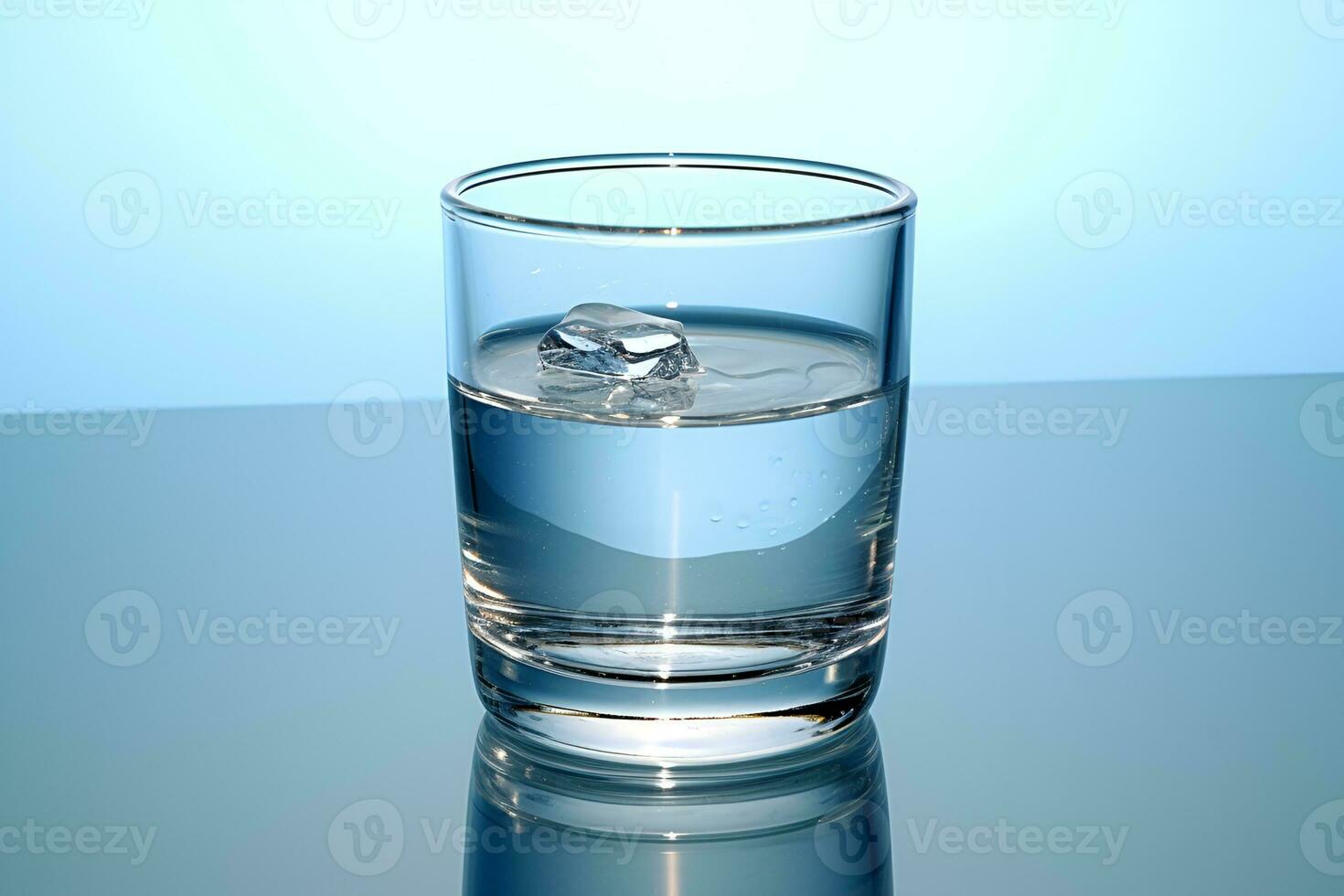 Glass with water and ice cubes on a blue background. A refreshing and chilling drink. Generative AI photo