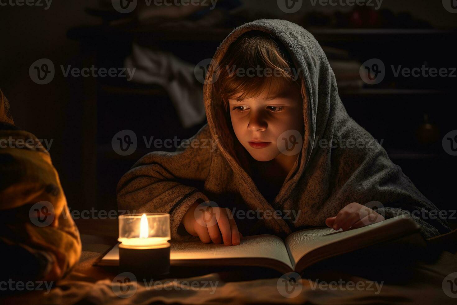 boy wrapped in blanket reading book with burning candle. cold home, shutdown of heating electricity, power outage, blackout, load shedding energy crisis AI generative photo