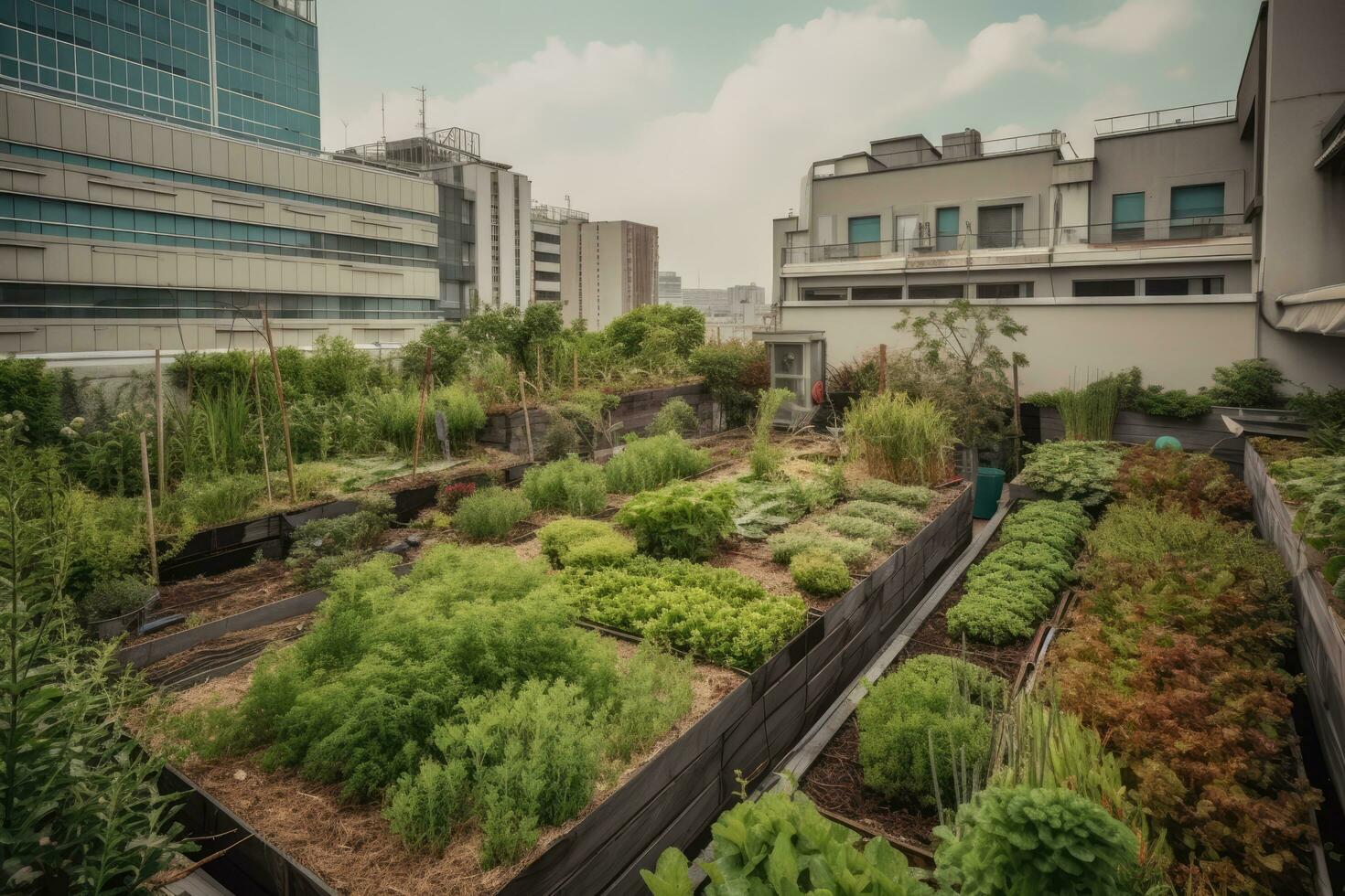 Urban Farm. AI Generative. Roof top urban farming organic garden with various vegetables plants, illustrating the potential for green spaces in city environments photo