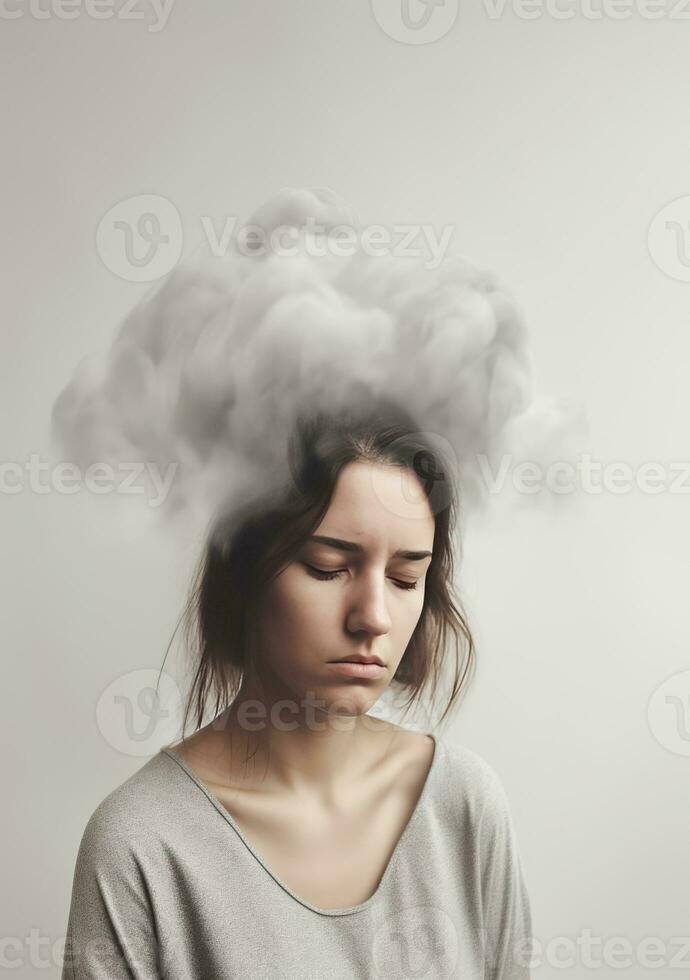 Beautiful sad woman depressed, AI Generative.  above her head a thick gray cloud fog photo