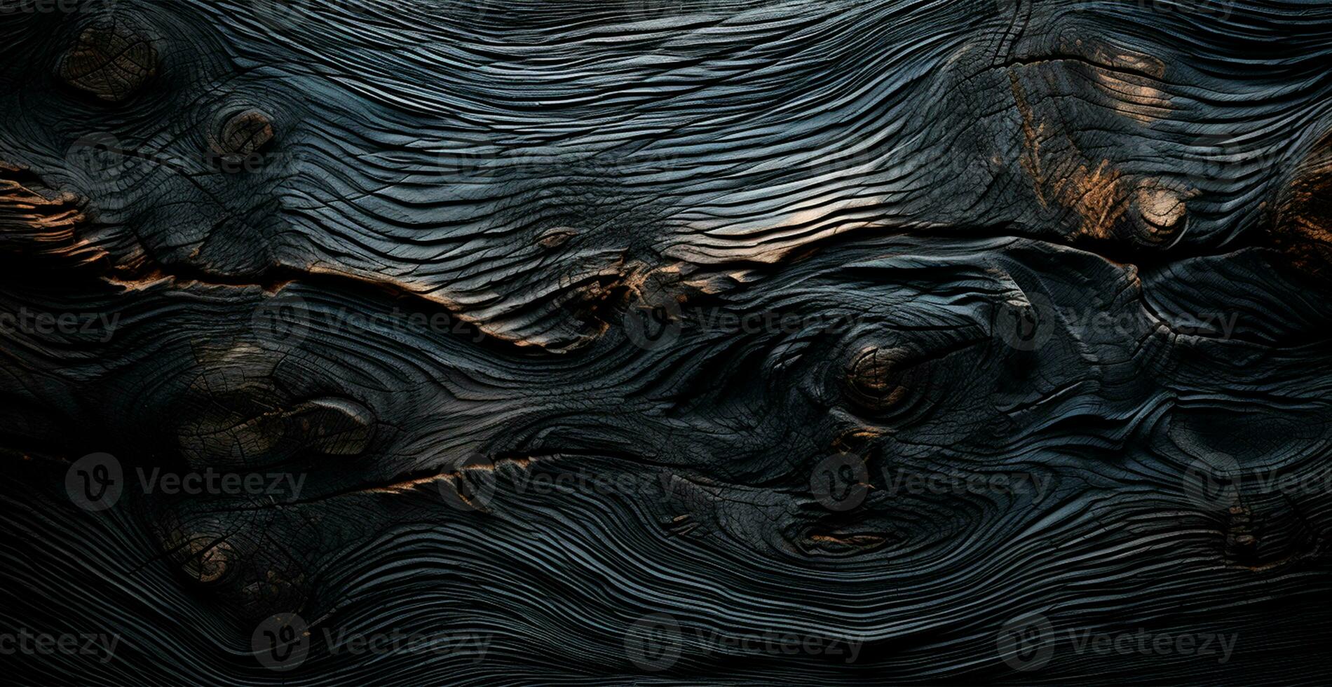 Dark burnt wood texture, black panoramic background - AI generated image photo