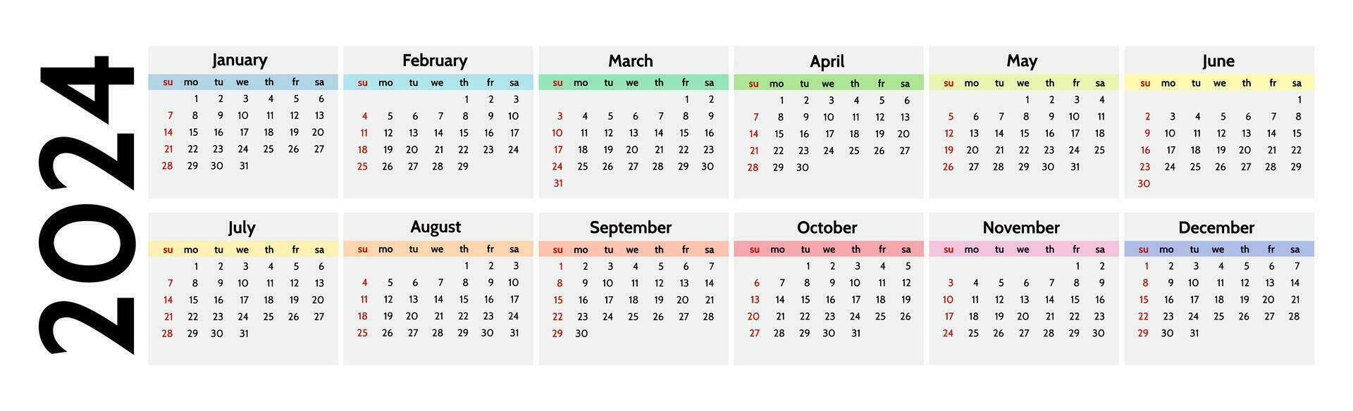 Horizontal calendar for 2024 isolated on a white background. Sunday to Monday, business template. Vector illustration