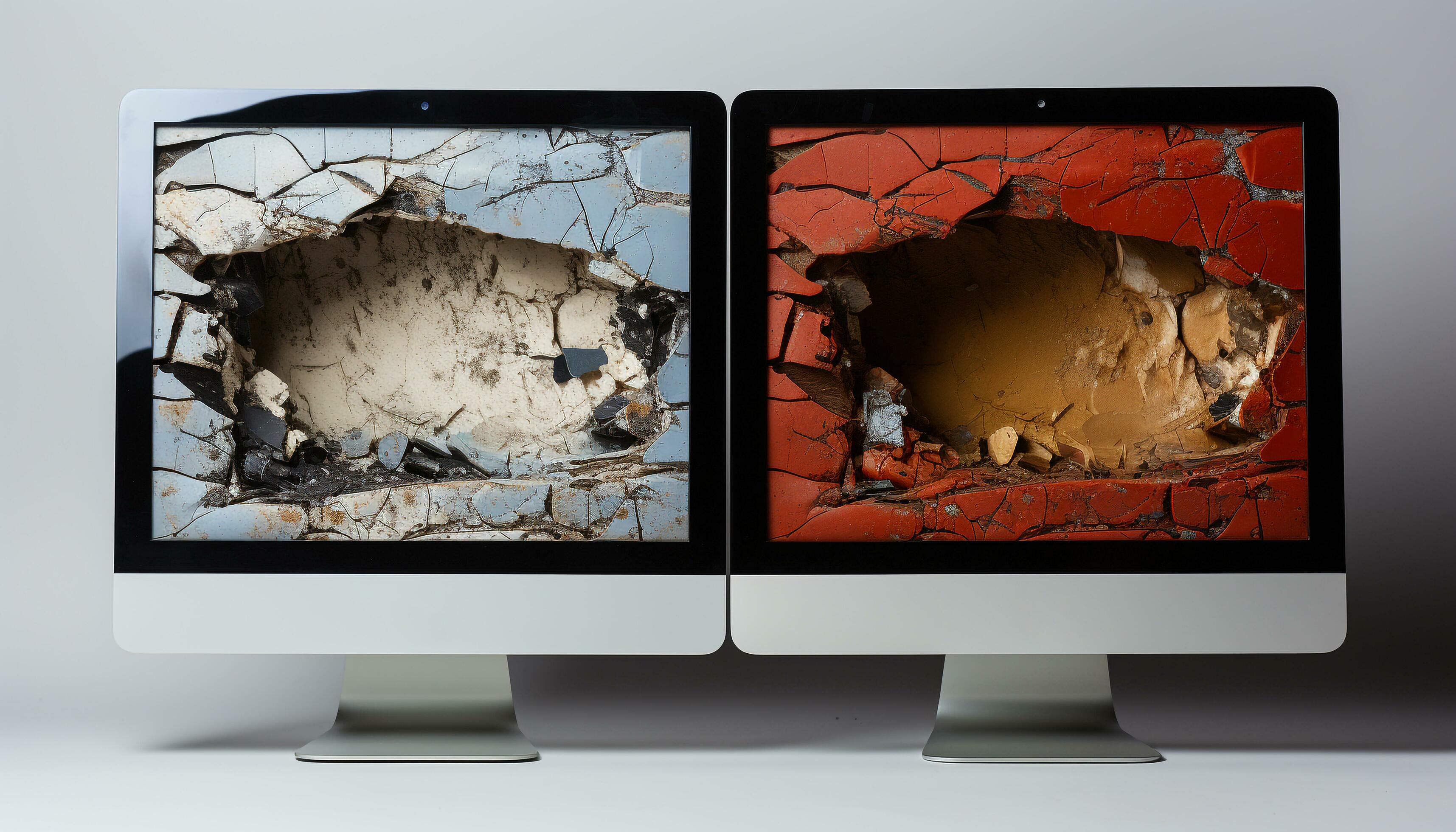 Broken computer monitor, abandoned equipment, ruined technology, no