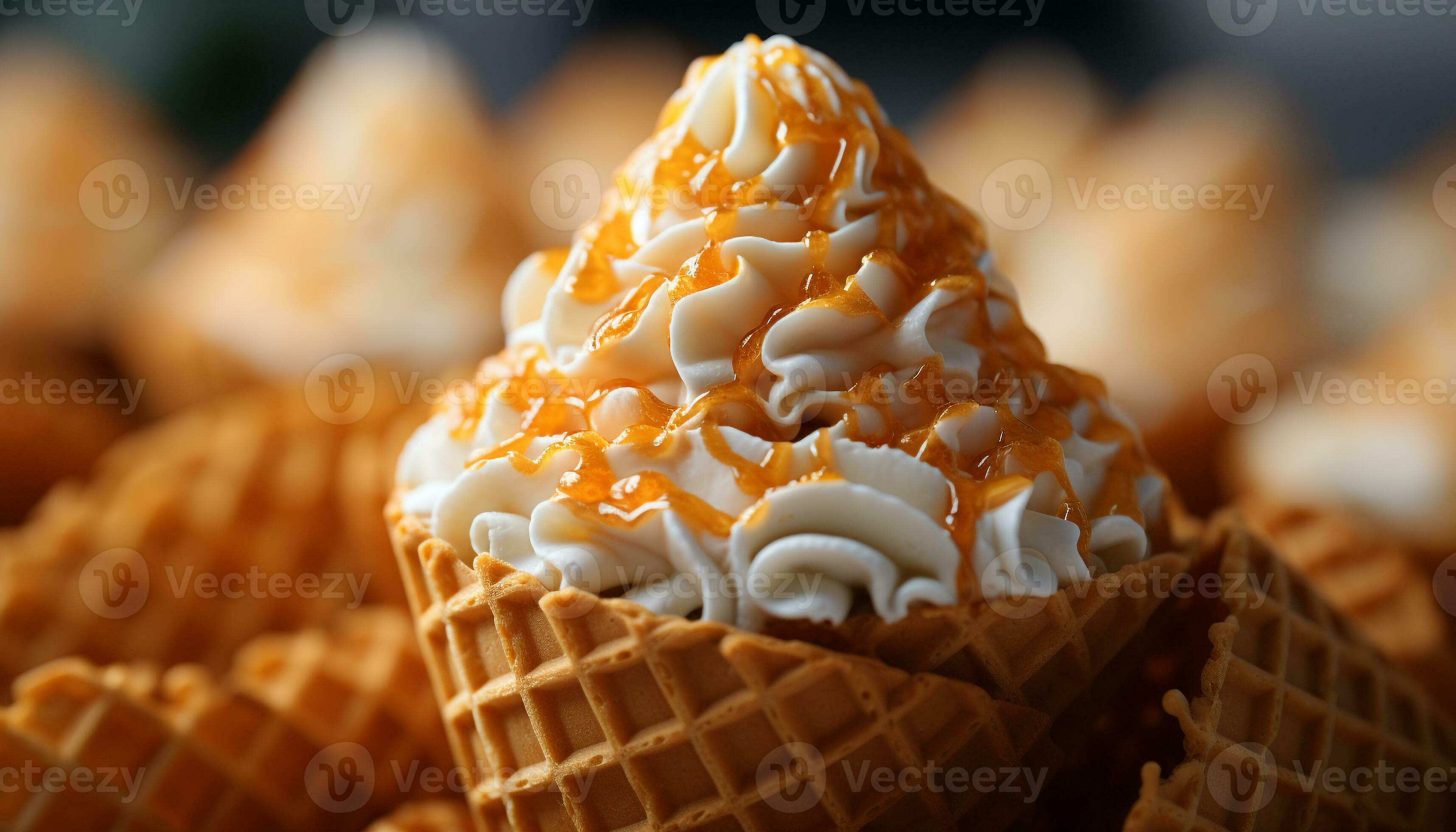 Fresh homemade ice cream cone with crunchy waffle and creamy vanilla
