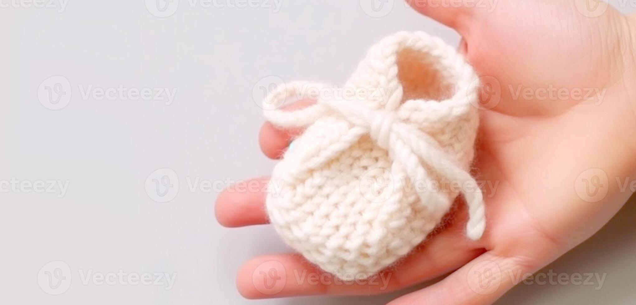 Women's hands BEAUTIFUL close-up, knitting for a newborn, crochet.booties, top view on a soft pink white background, photo