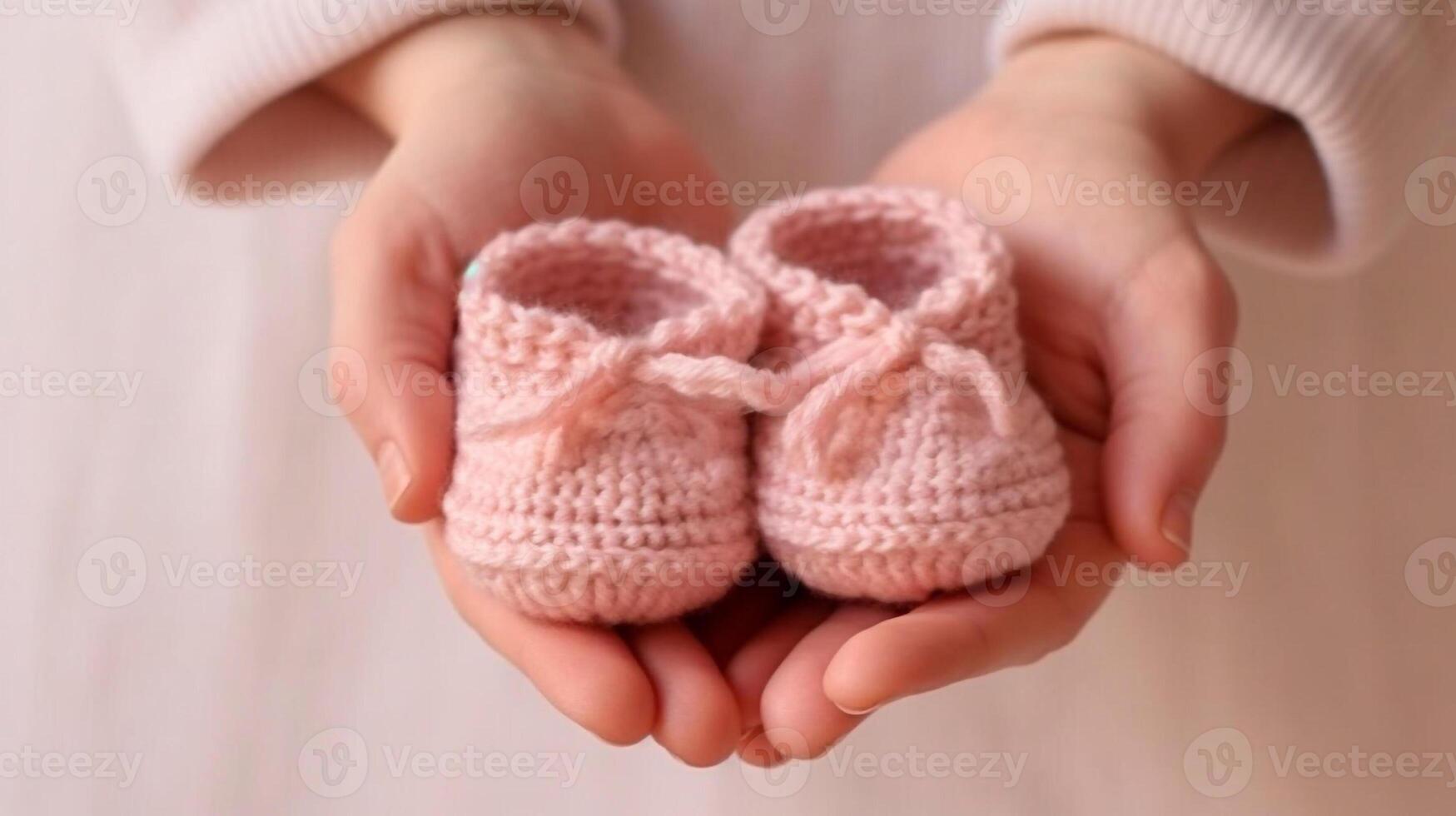 Women's hands BEAUTIFUL close-up, knitting for a newborn, crochet.booties, top view on a soft pink white background, photo