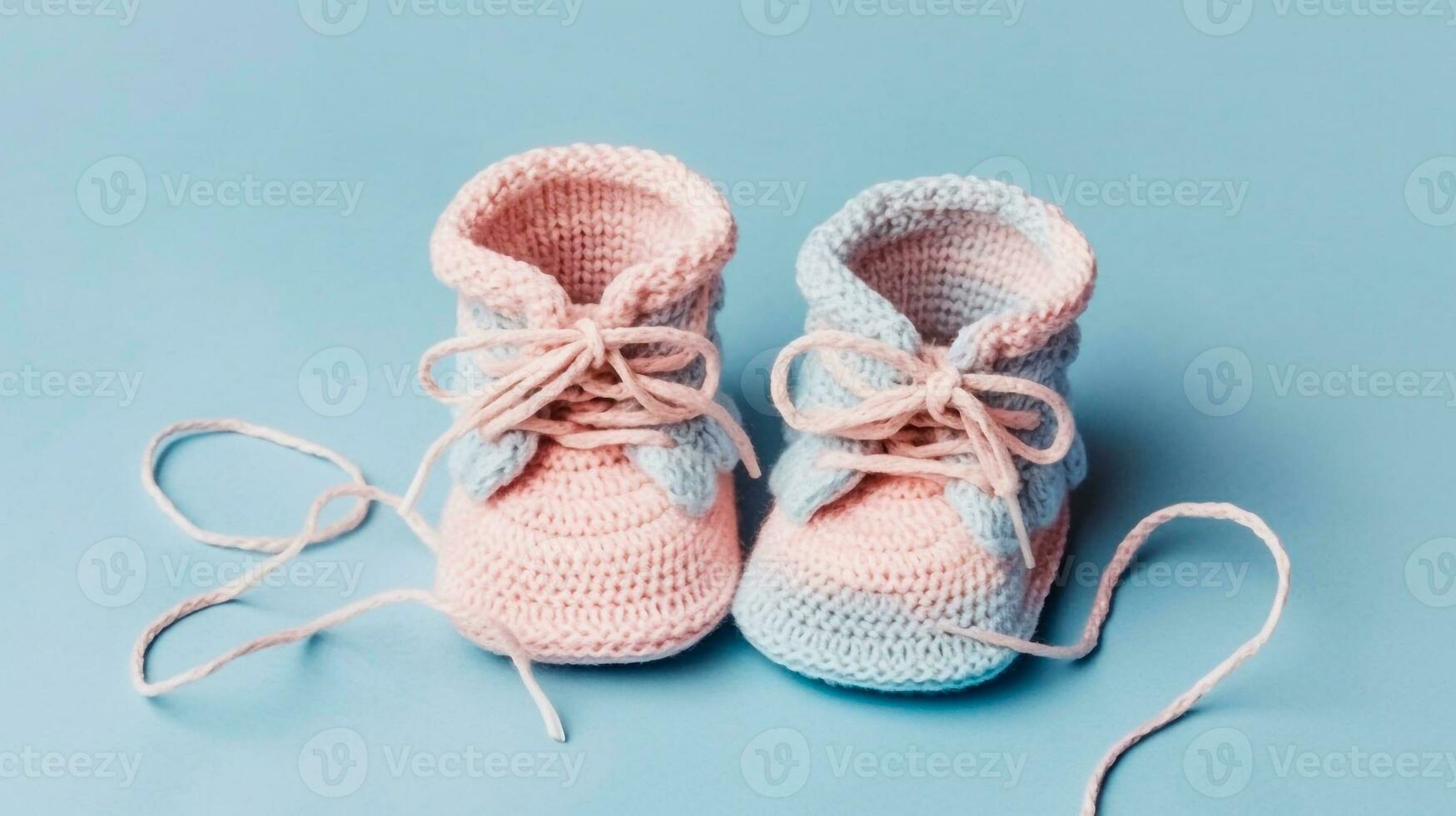 boy or girl knitting for newborn, crochet. booties, top view on a soft pink blue beige background, tenderness, knitting needles, wool, lace ribbon,AI generated photo