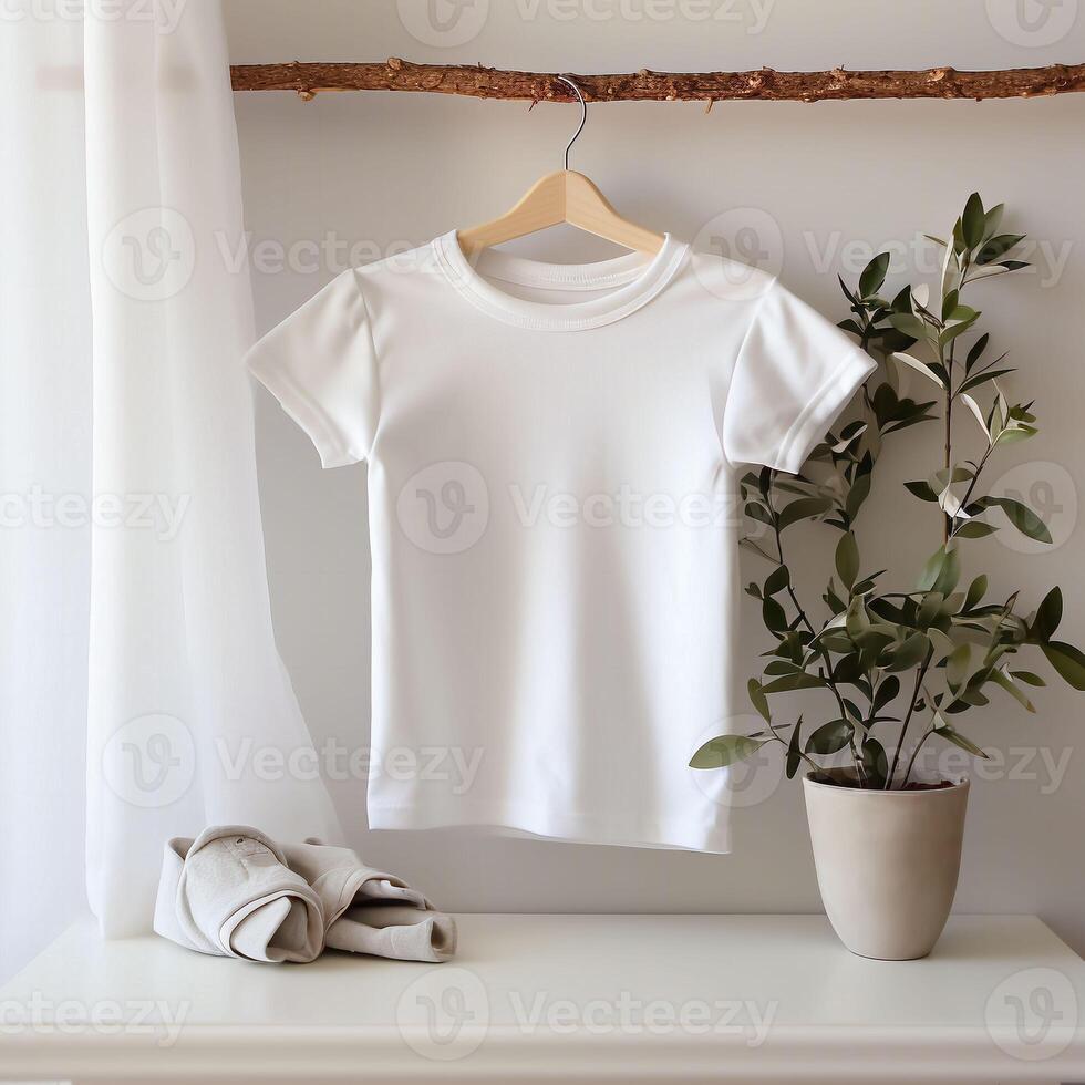 White blank baby t-shirt mockup in interior. Soft beige interior for baby.AI generation photo