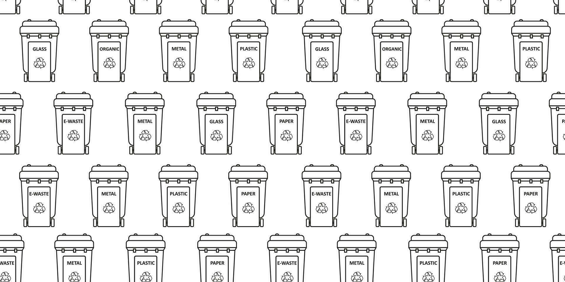 Recycling bins linear seamless pattern. Garbage sorting and segregation. Dustbins for plastic, paper, glass, organic, metal, e-waste. Ecology. Line art, doodles. Background, digital paper, wallpaper. vector
