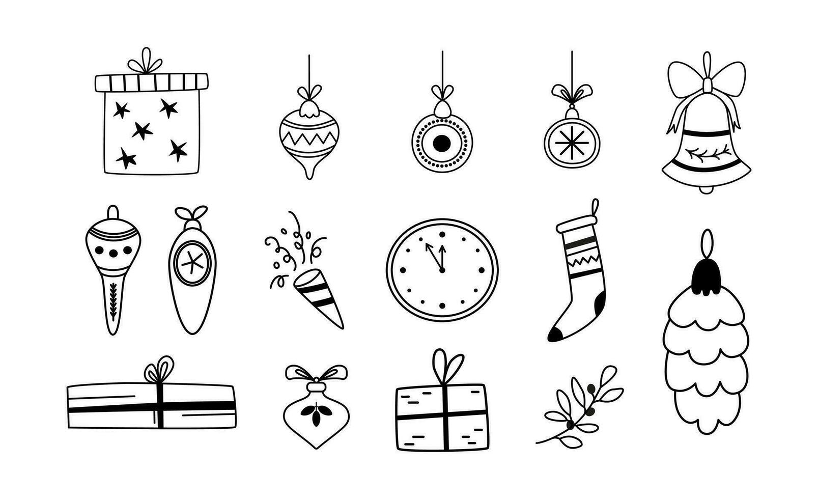 Navidad árbol decoraciones, regalos, reloj, medias. sencillo festivo garabatos dibujado a mano línea Arte. contorno bosquejo aislado en blanco antecedentes. invierno estación. vector